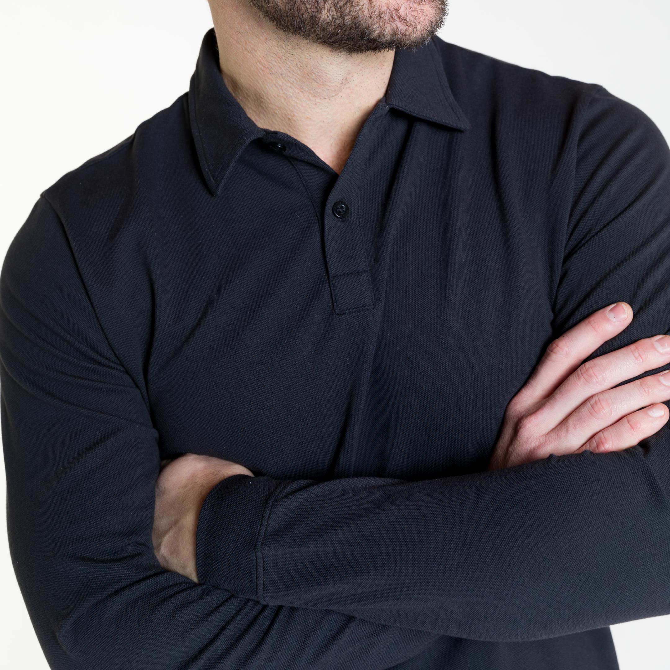 Black Pique Long Sleeve Polo - Image 4