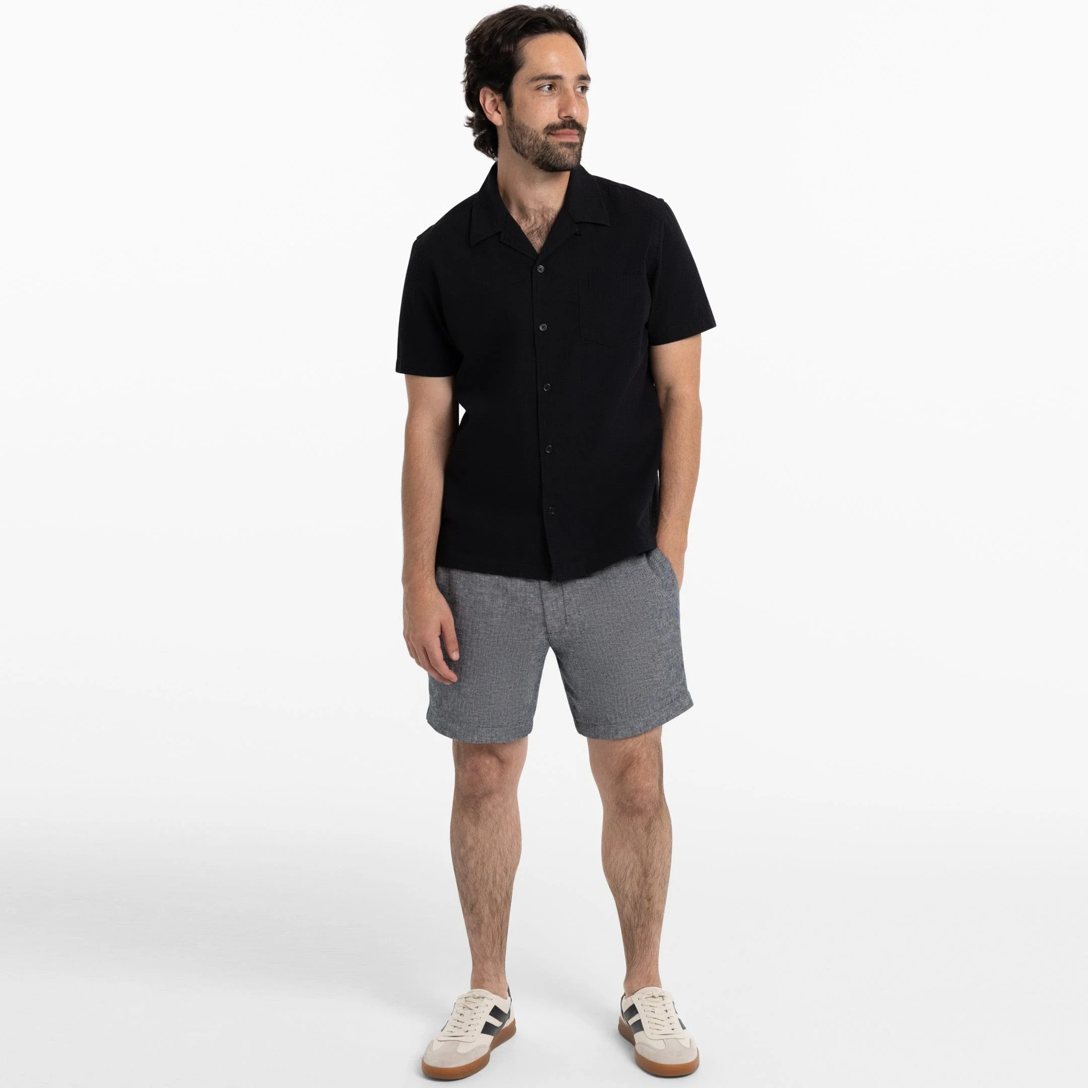 Black Seersucker Camp Collar Short Sleeve Shirt - Image 6