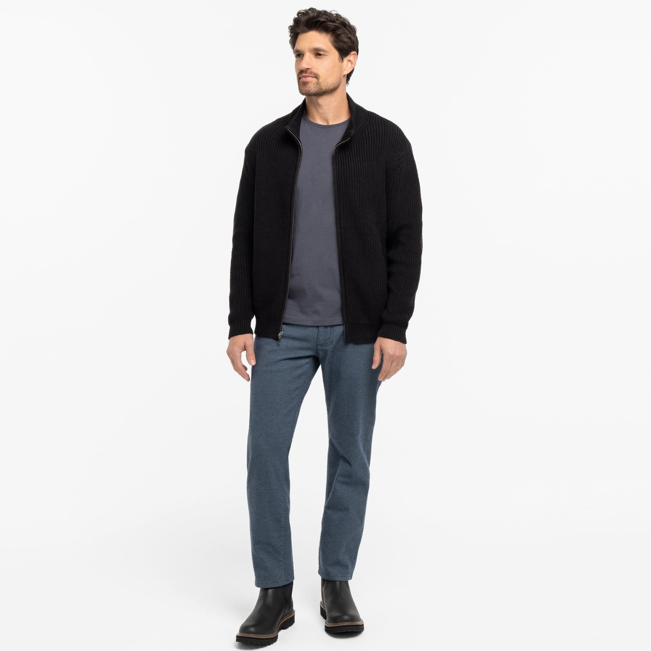 Black Waffle Knit Full-Zip Sweater - Image 2