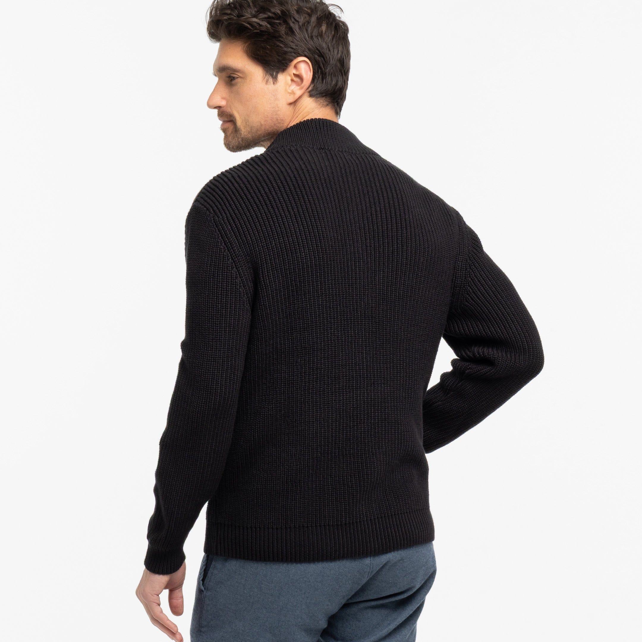 Black Waffle Knit Full-Zip Sweater - Image 3