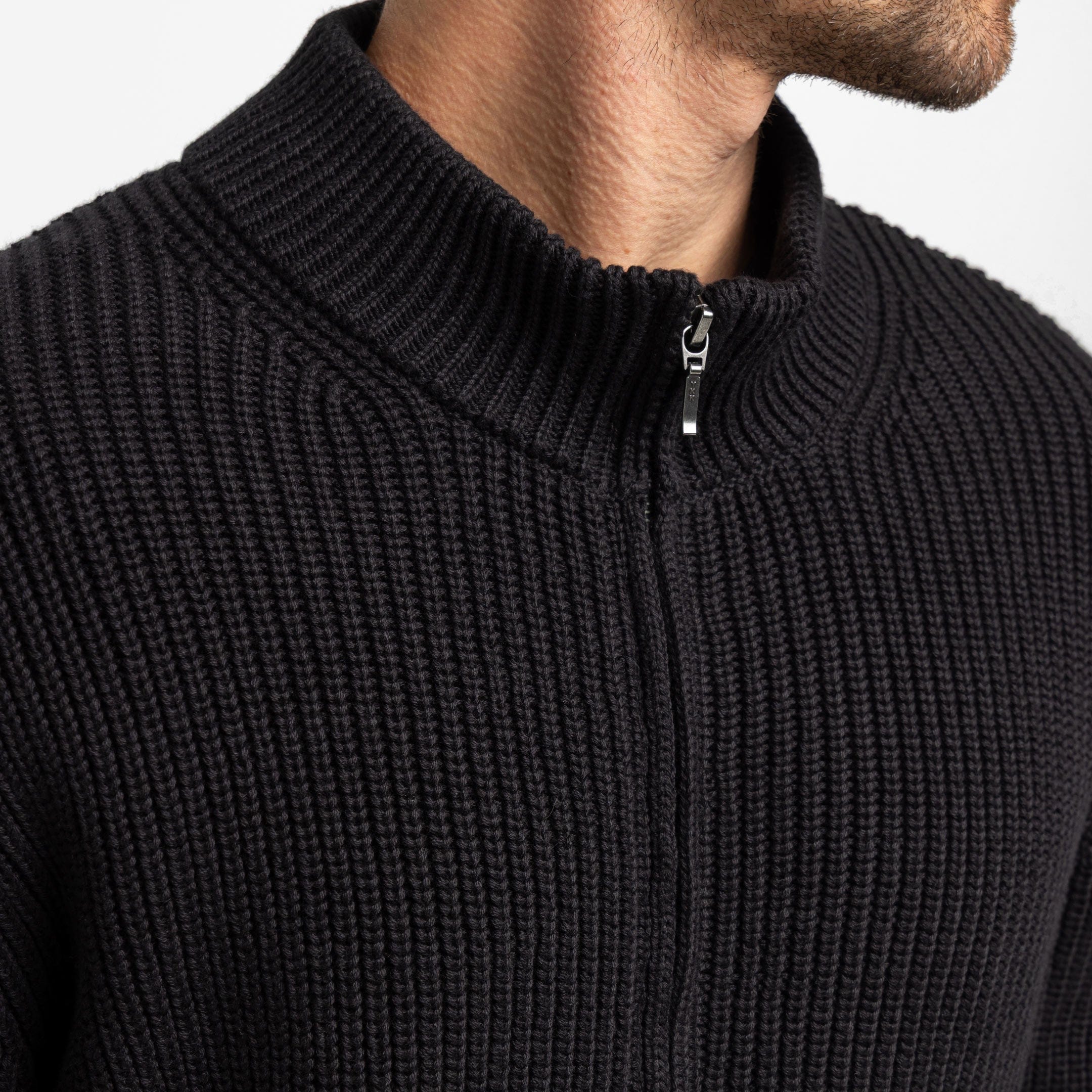 Black Waffle Knit Full-Zip Sweater - Image 4
