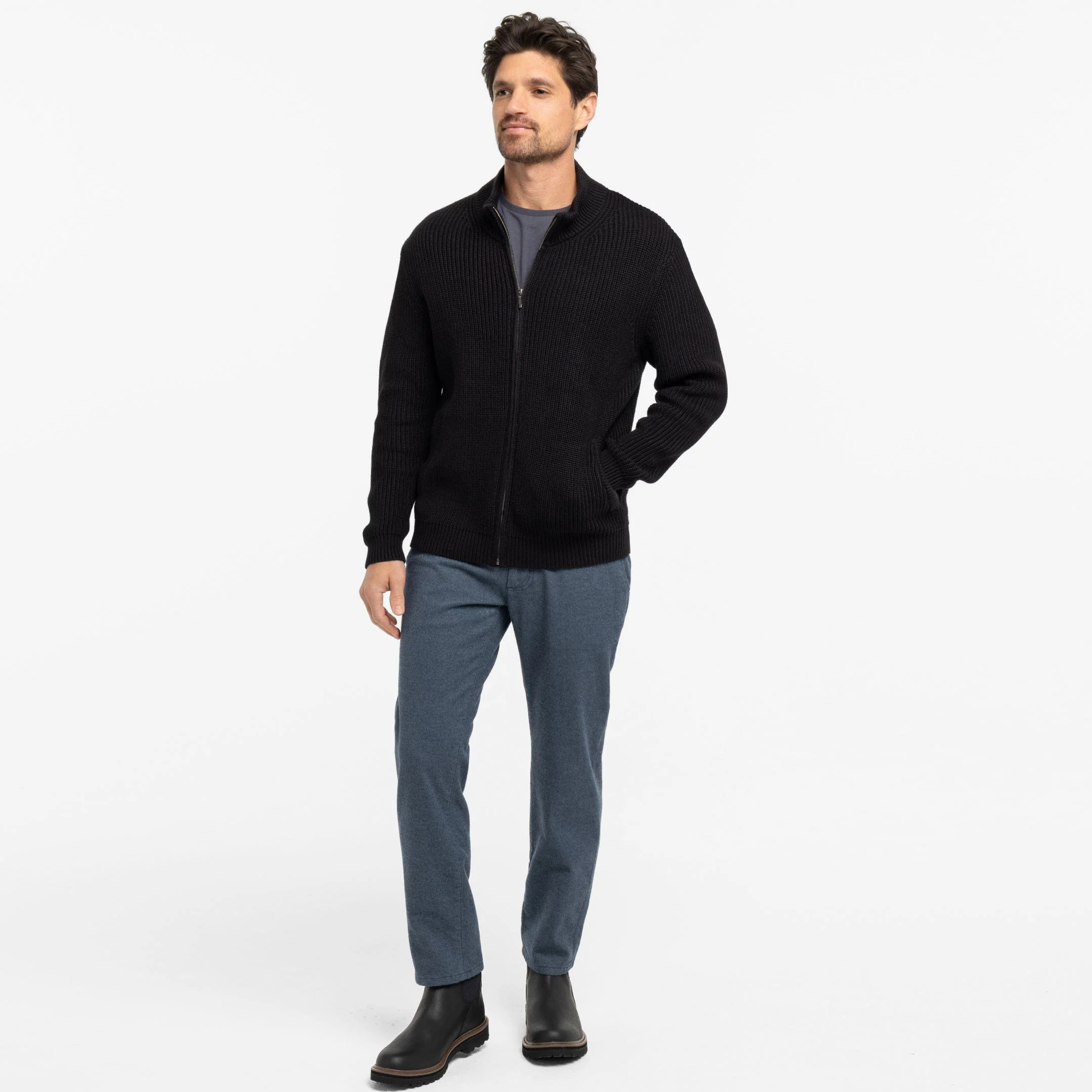 Black Waffle Knit Full-Zip Sweater - Image 6