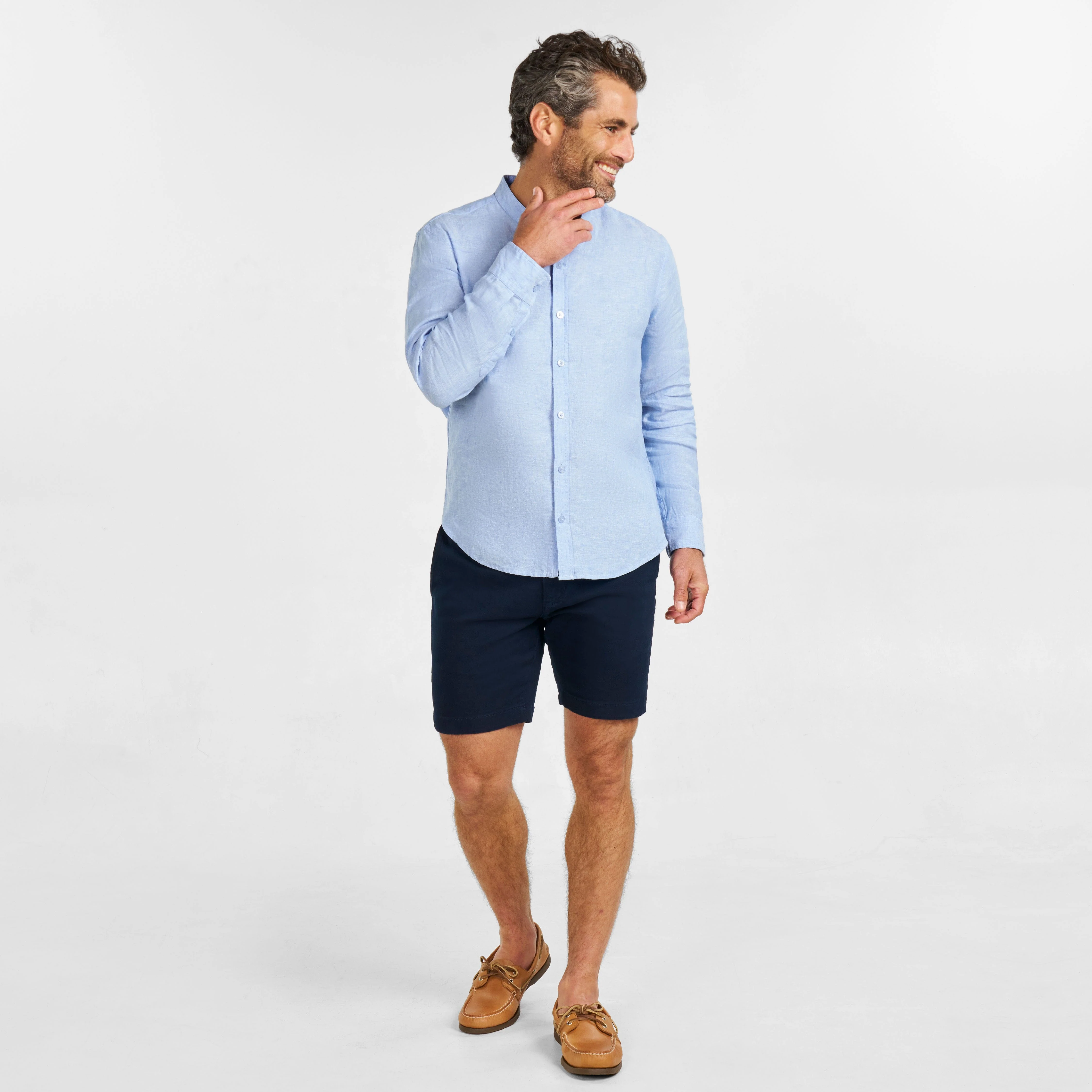 Blue Linen Band Collar Shirt - Image 2