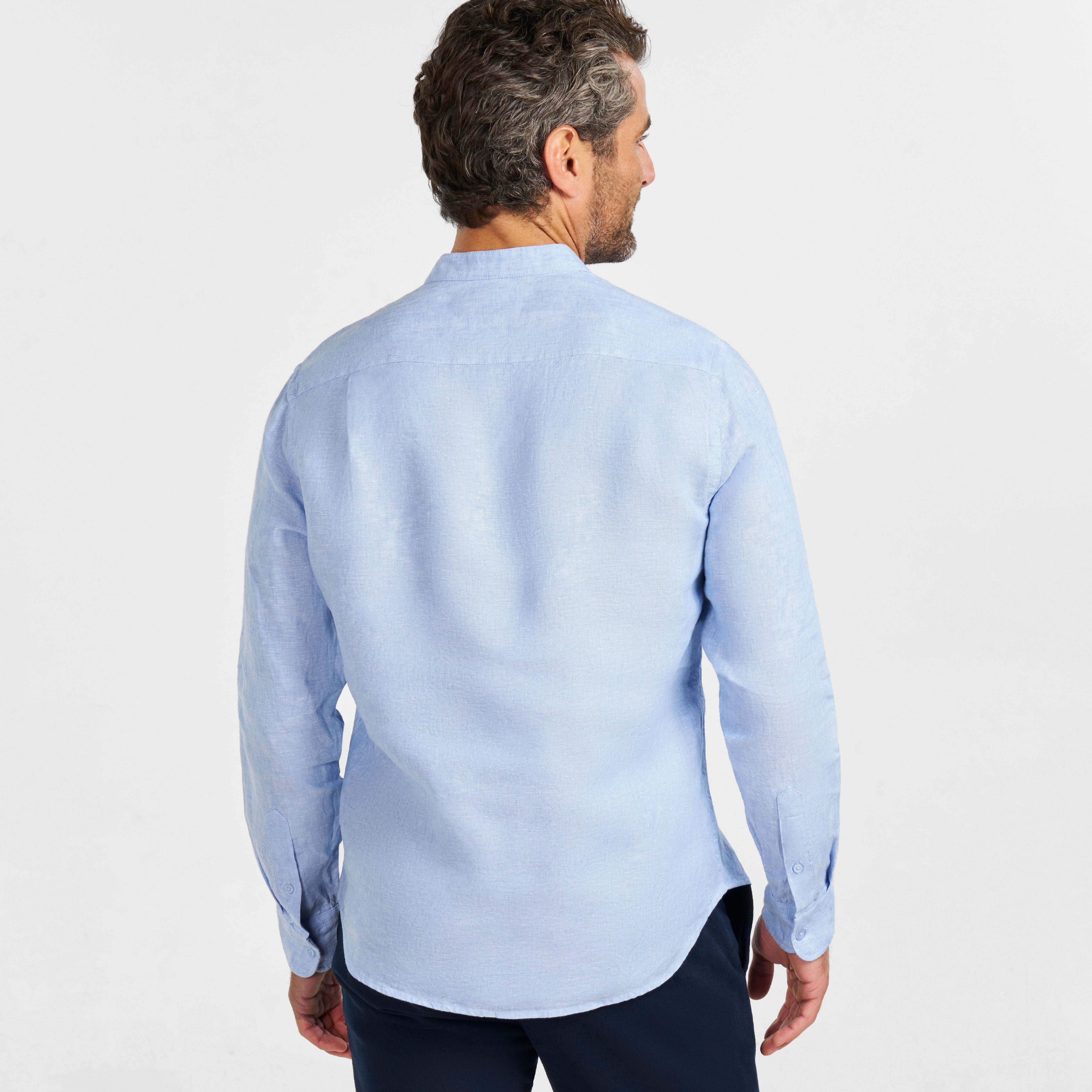 Blue Linen Band Collar Shirt - Image 3