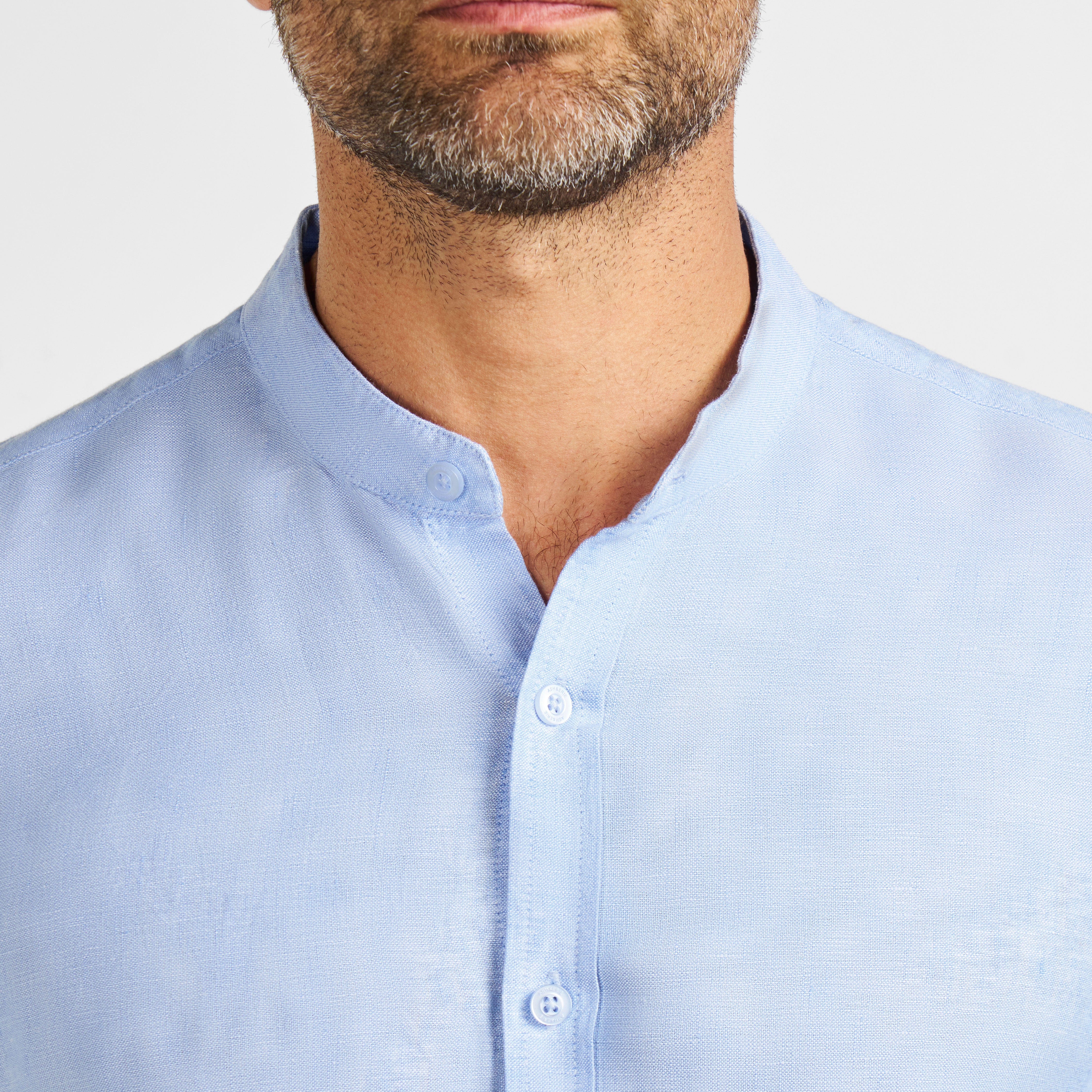 Blue Linen Band Collar Shirt - Image 4