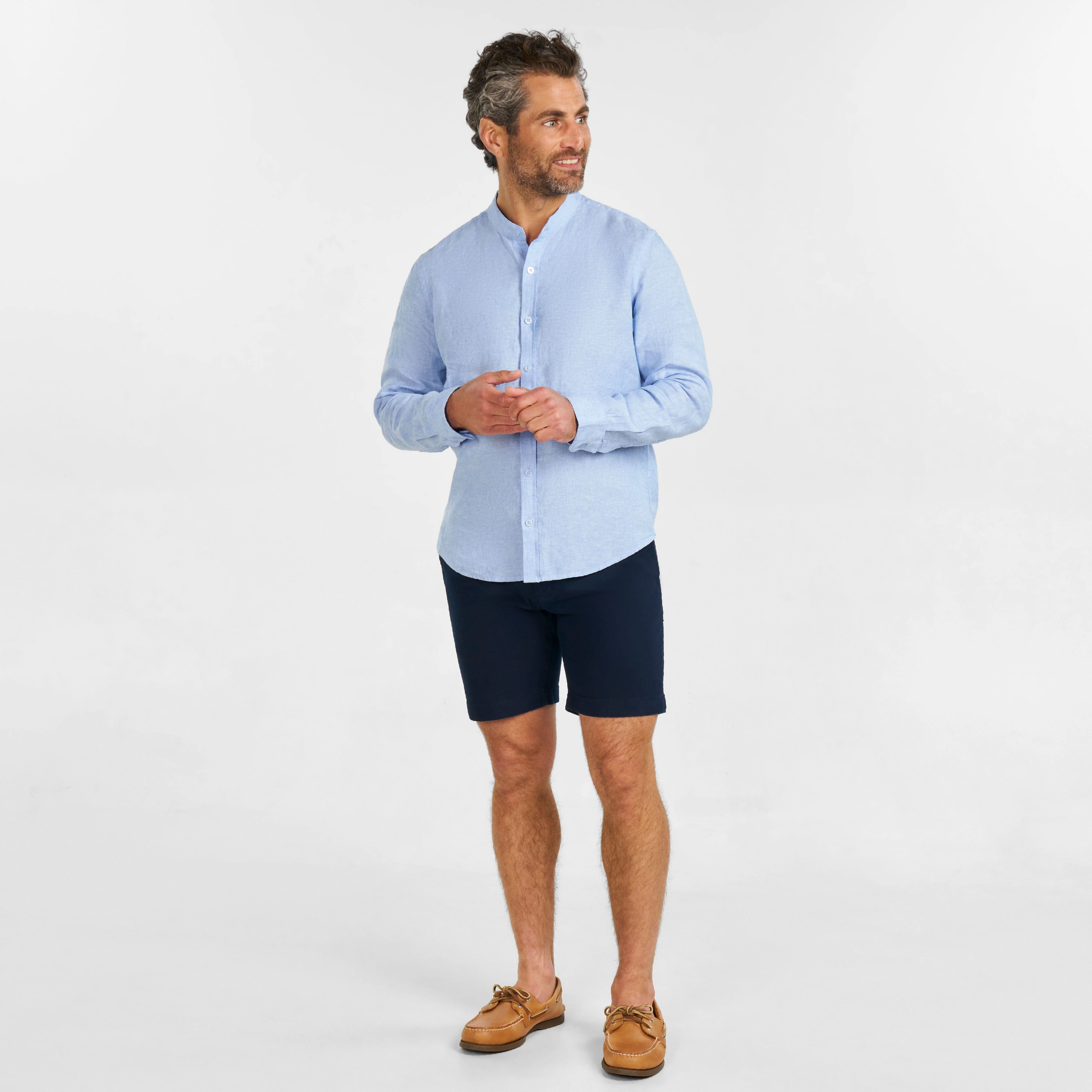Blue Linen Band Collar Shirt - Image 6
