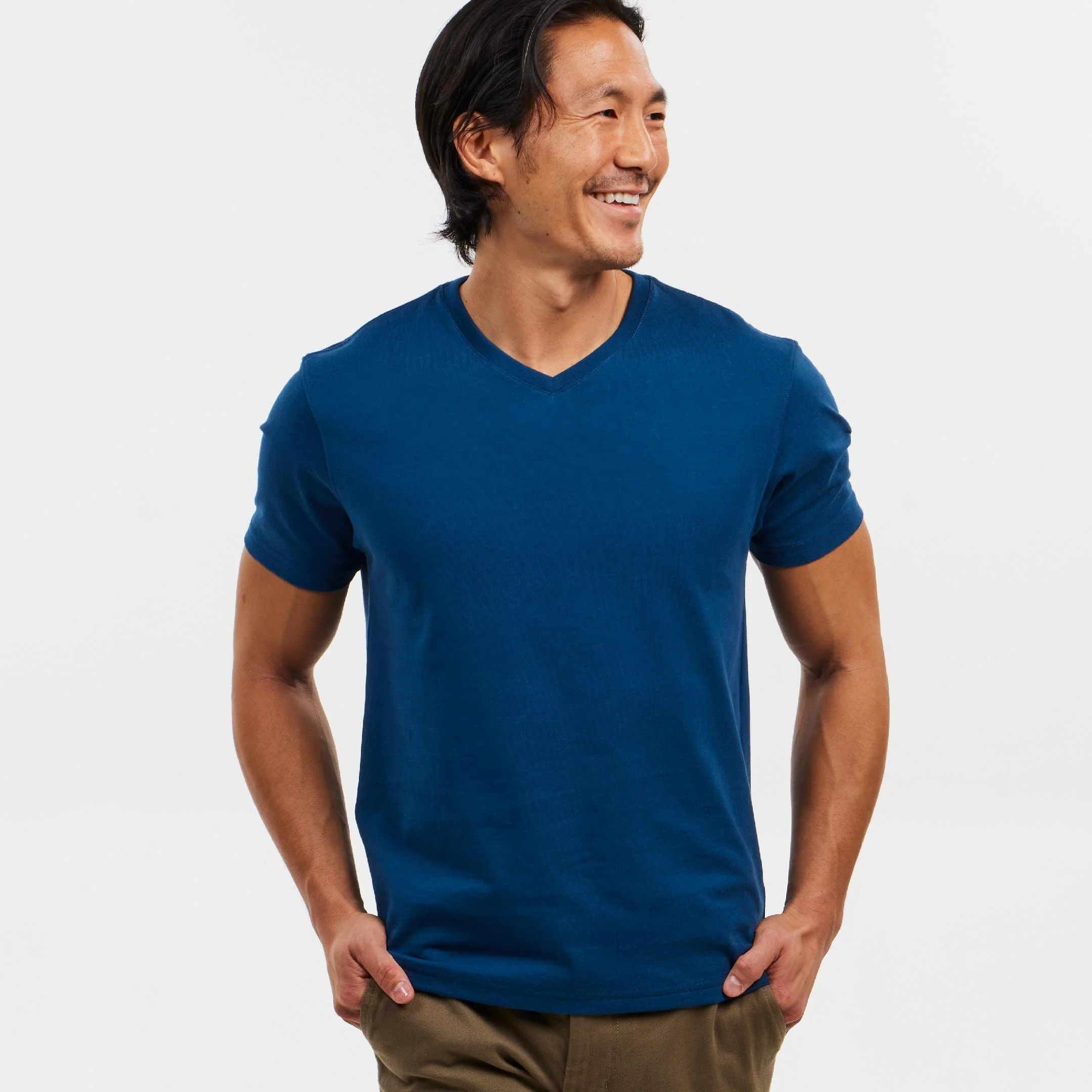 Blue Pima Cotton V Neck Tee - Image 6