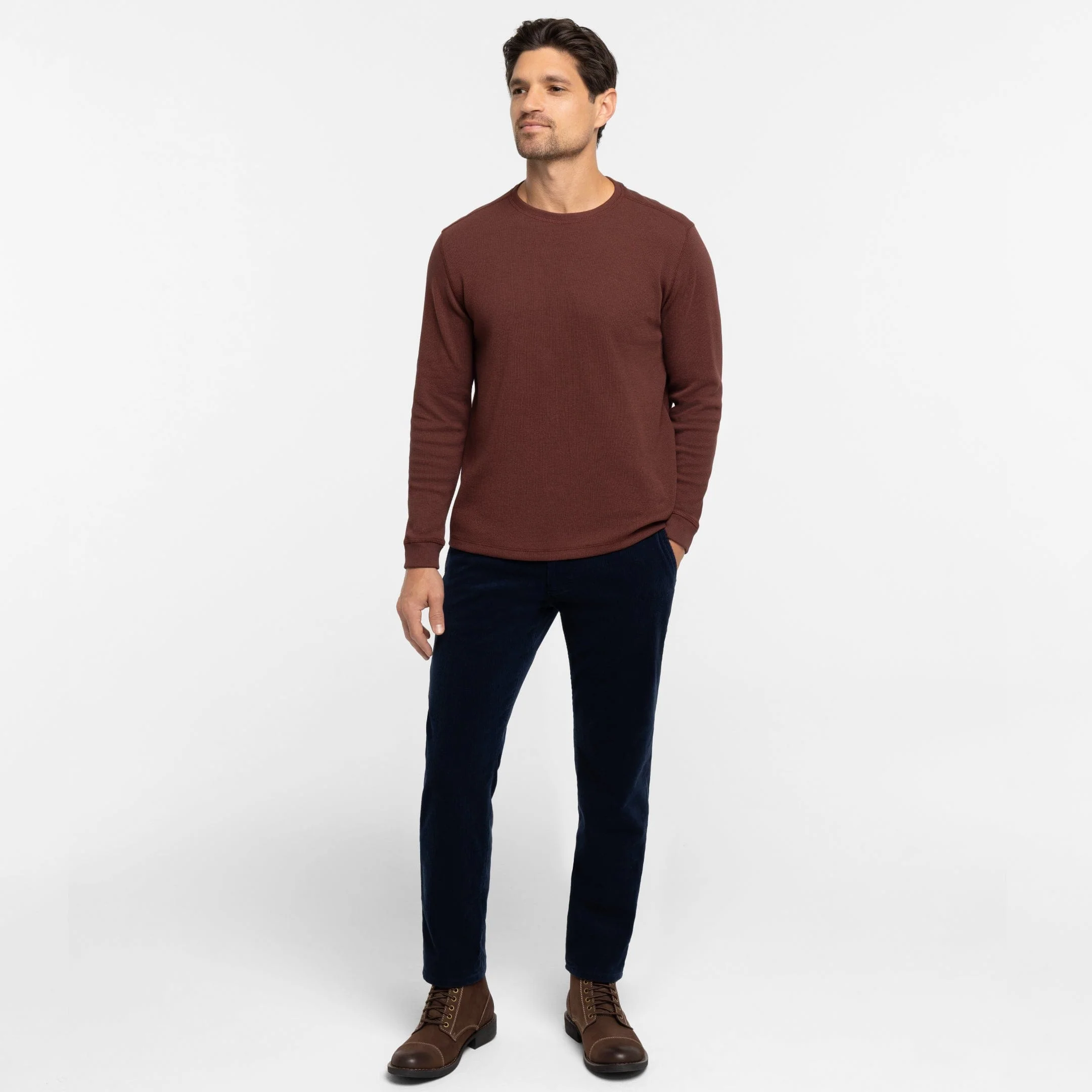 Burgundy Waffle Long Sleeve Crew Neck Tee - Image 2