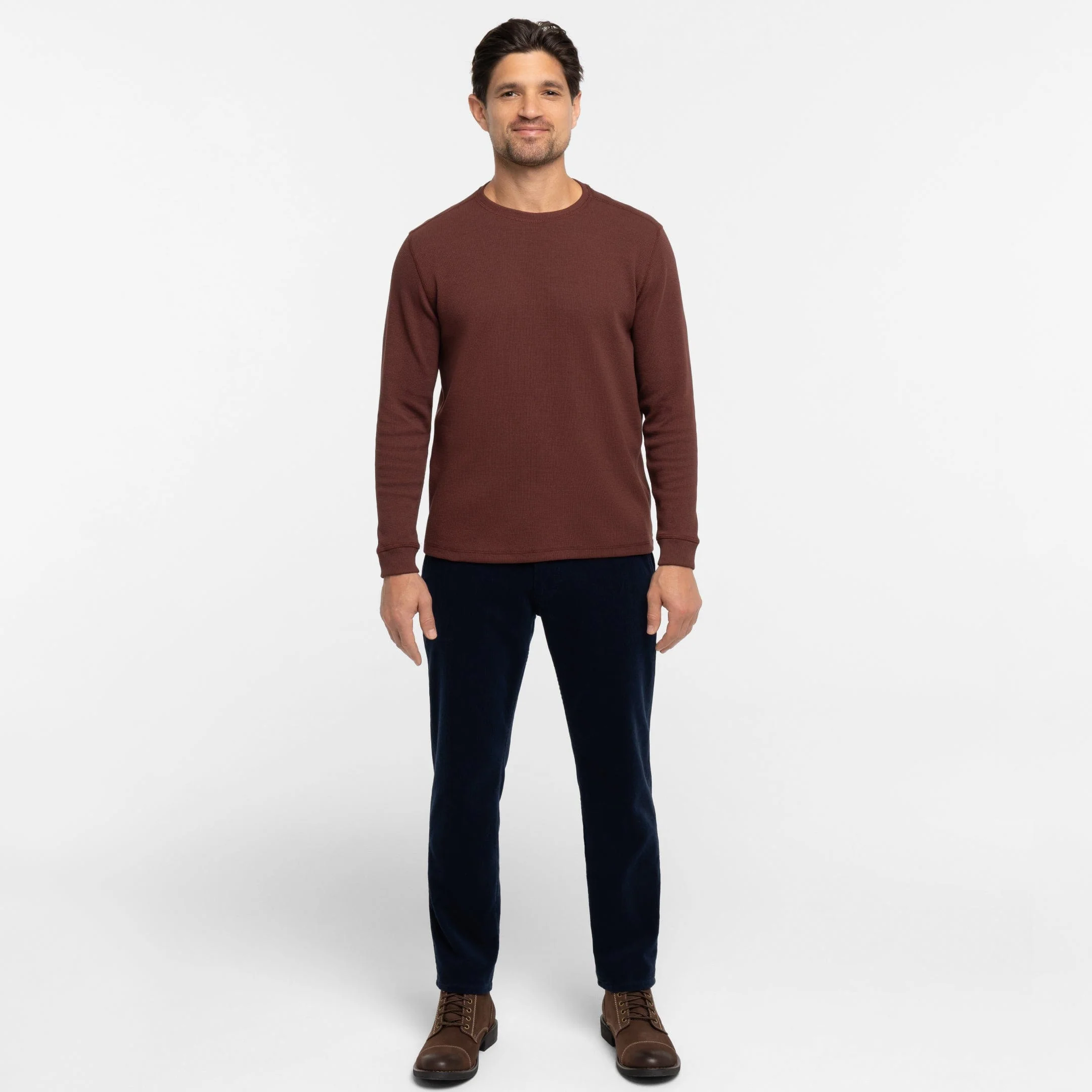 Burgundy Waffle Long Sleeve Crew Neck Tee - Image 6