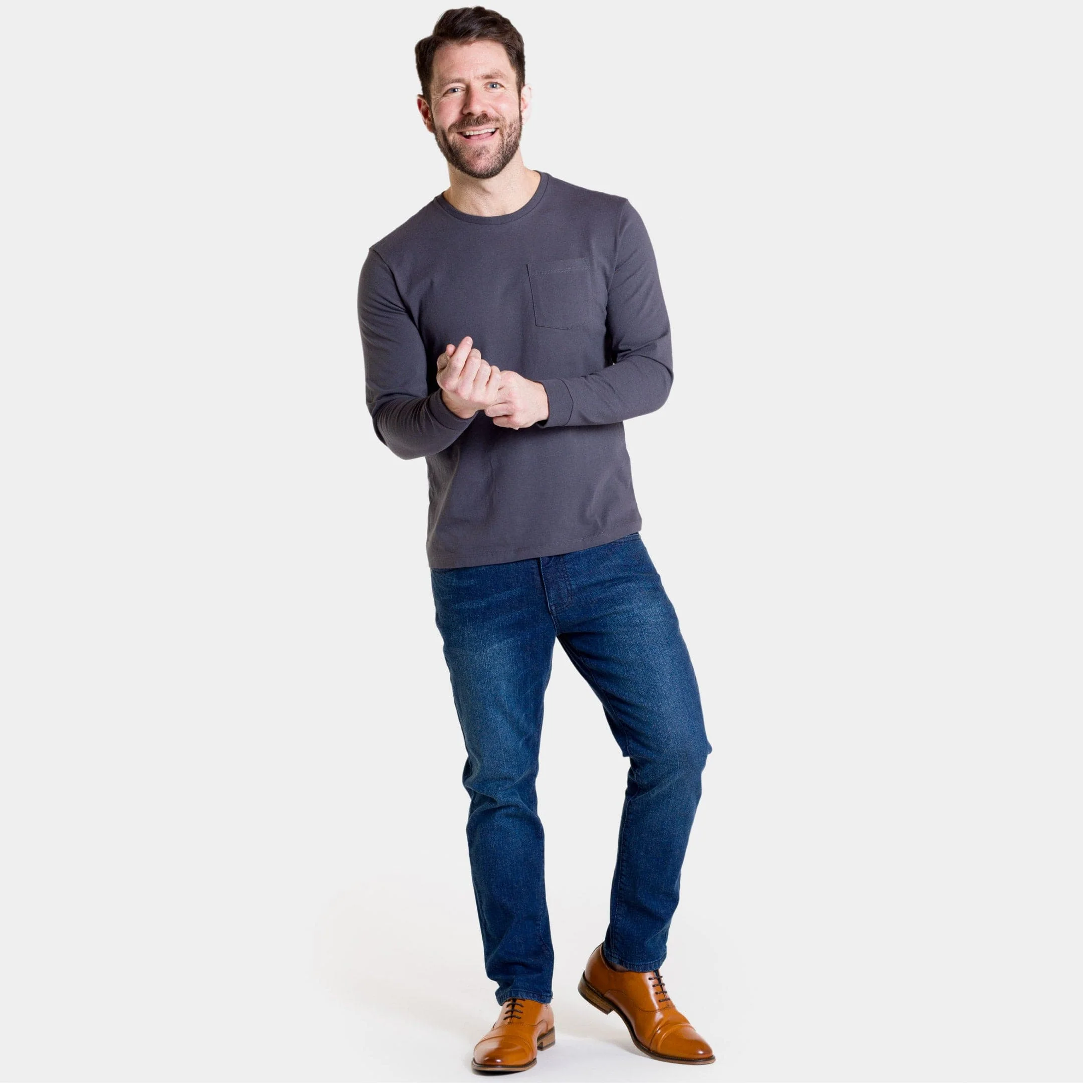 Charcoal Long Sleeve Pima Cotton Crew Neck Tee - Image 2