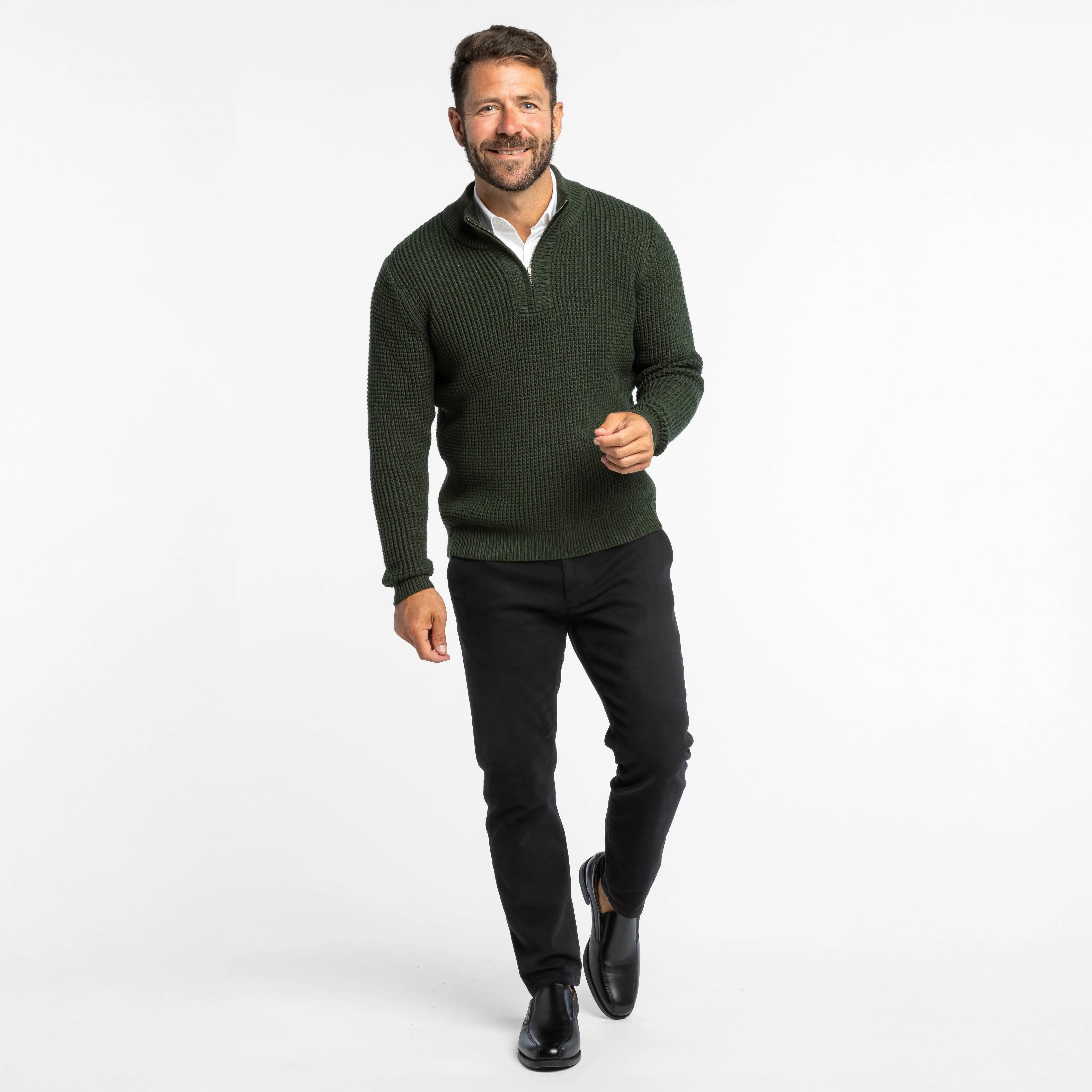 Dark Green Waffle Knit Quarter-Zip Sweater - Image 2