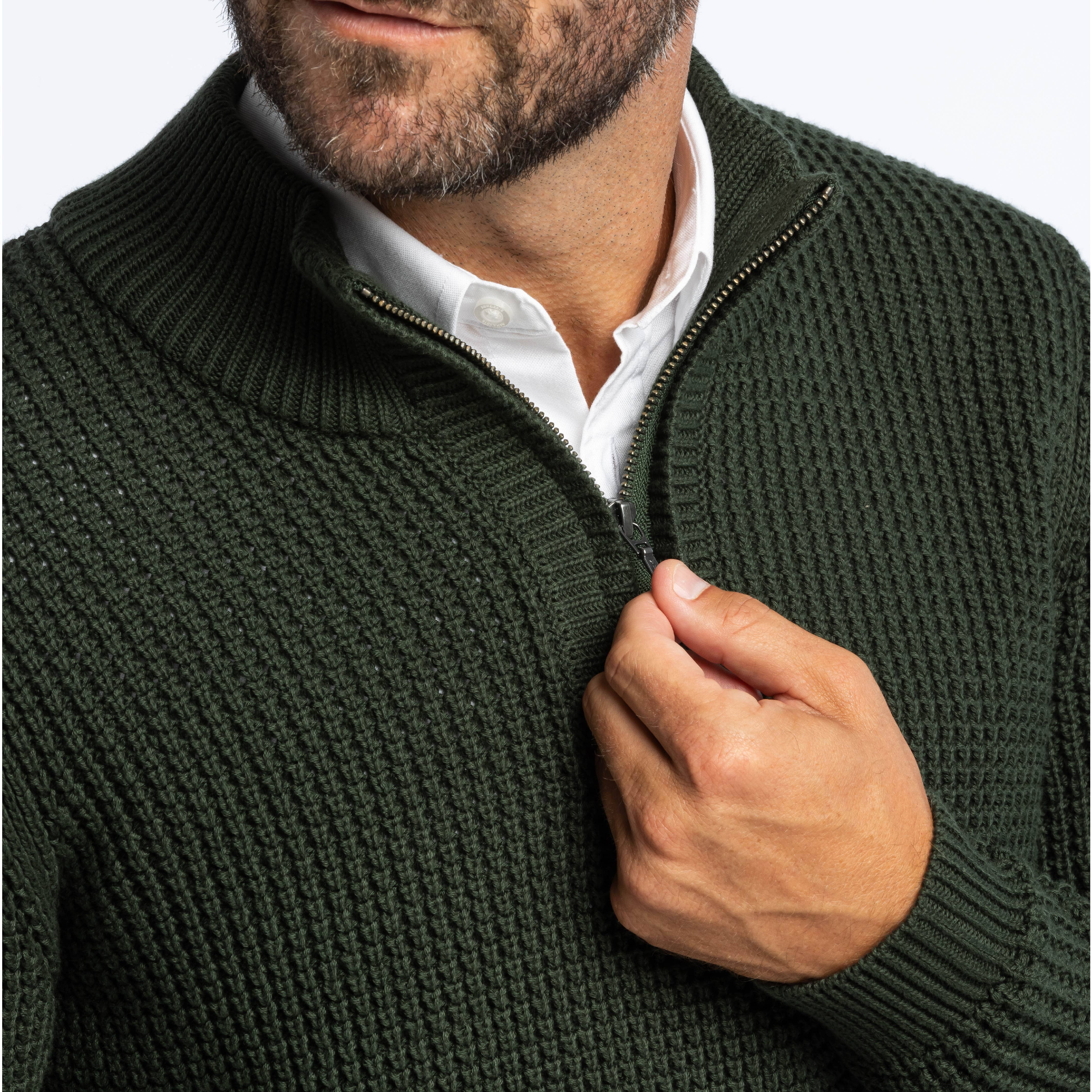 Dark Green Waffle Knit Quarter-Zip Sweater - Image 4