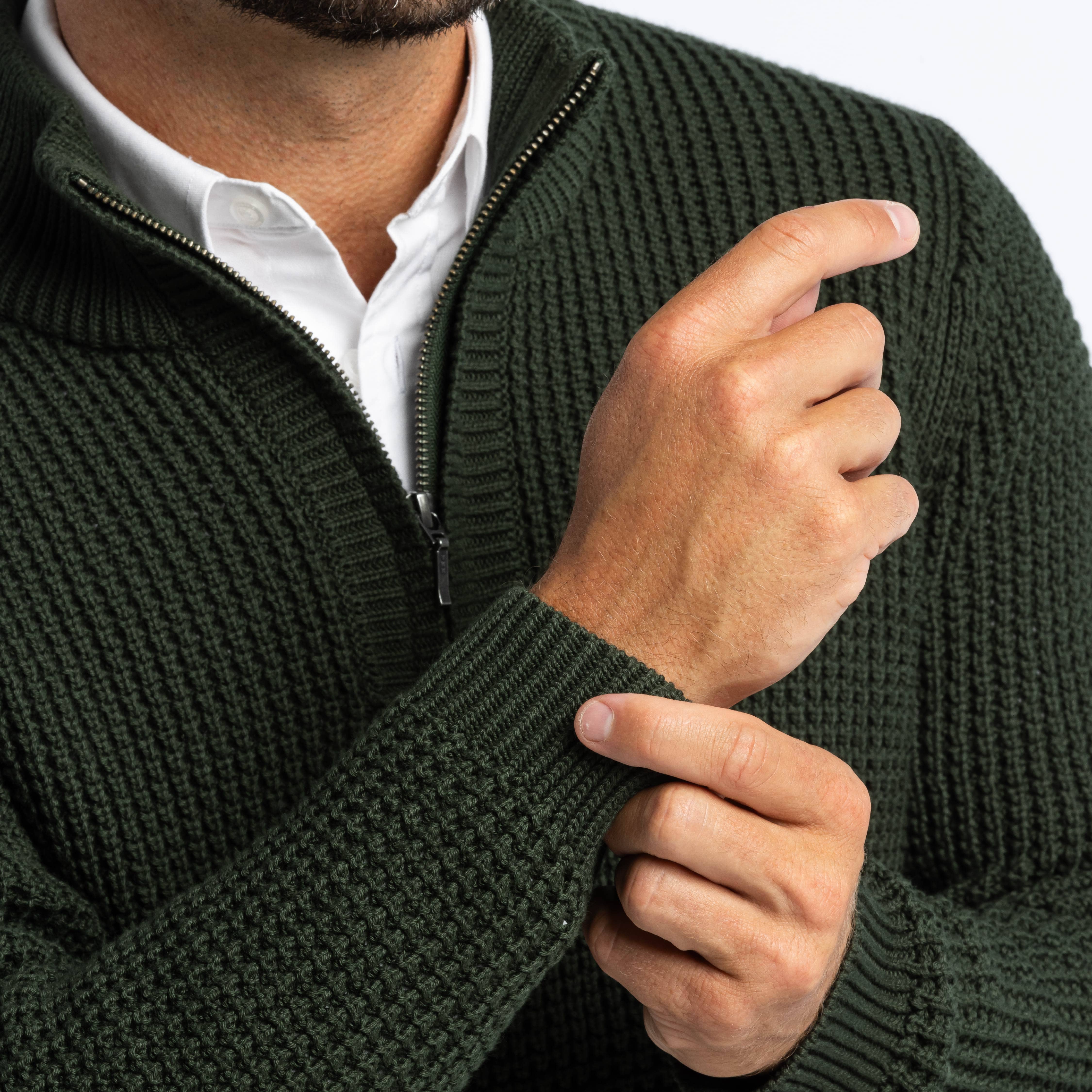 Dark Green Waffle Knit Quarter-Zip Sweater - Image 5