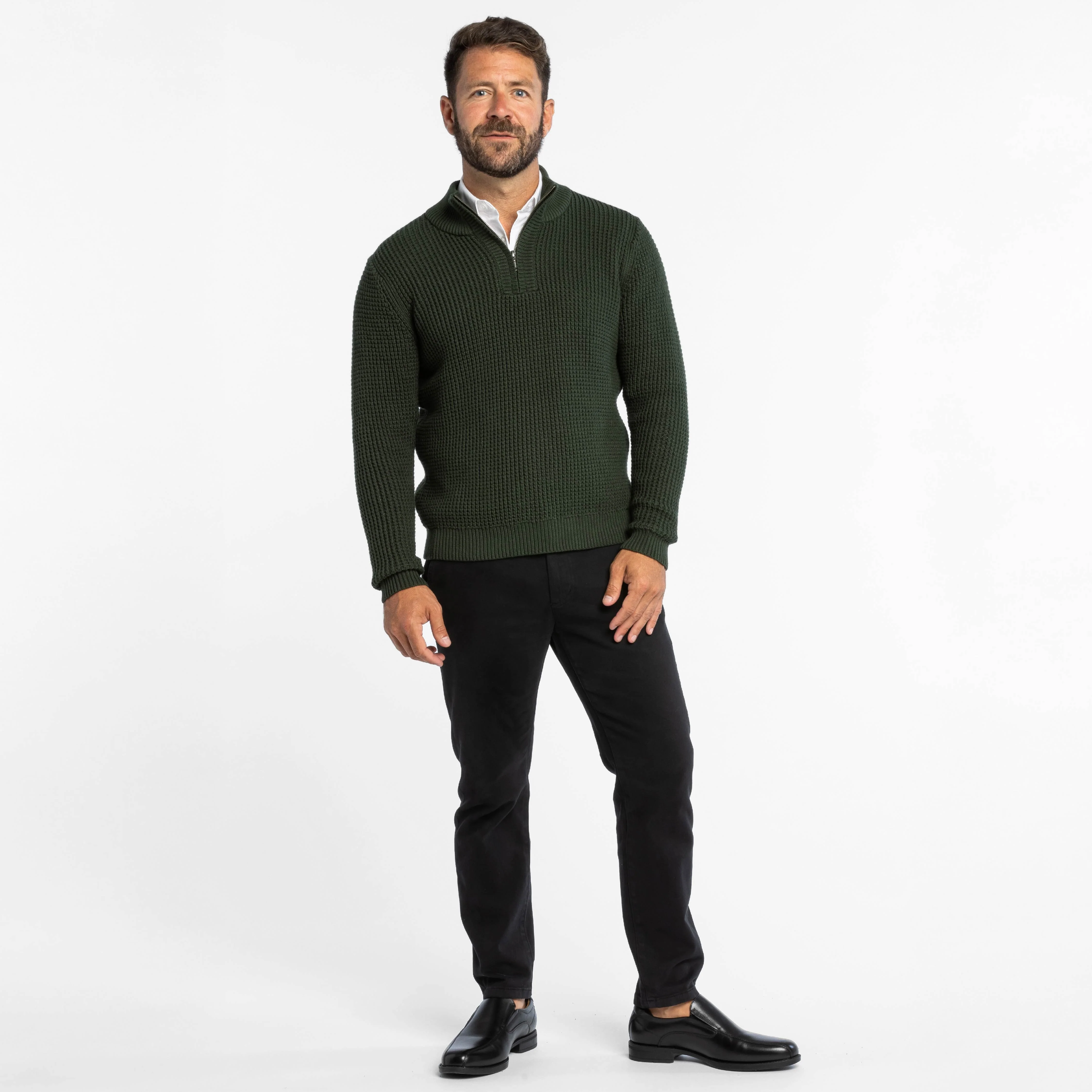 Dark Green Waffle Knit Quarter-Zip Sweater - Image 6