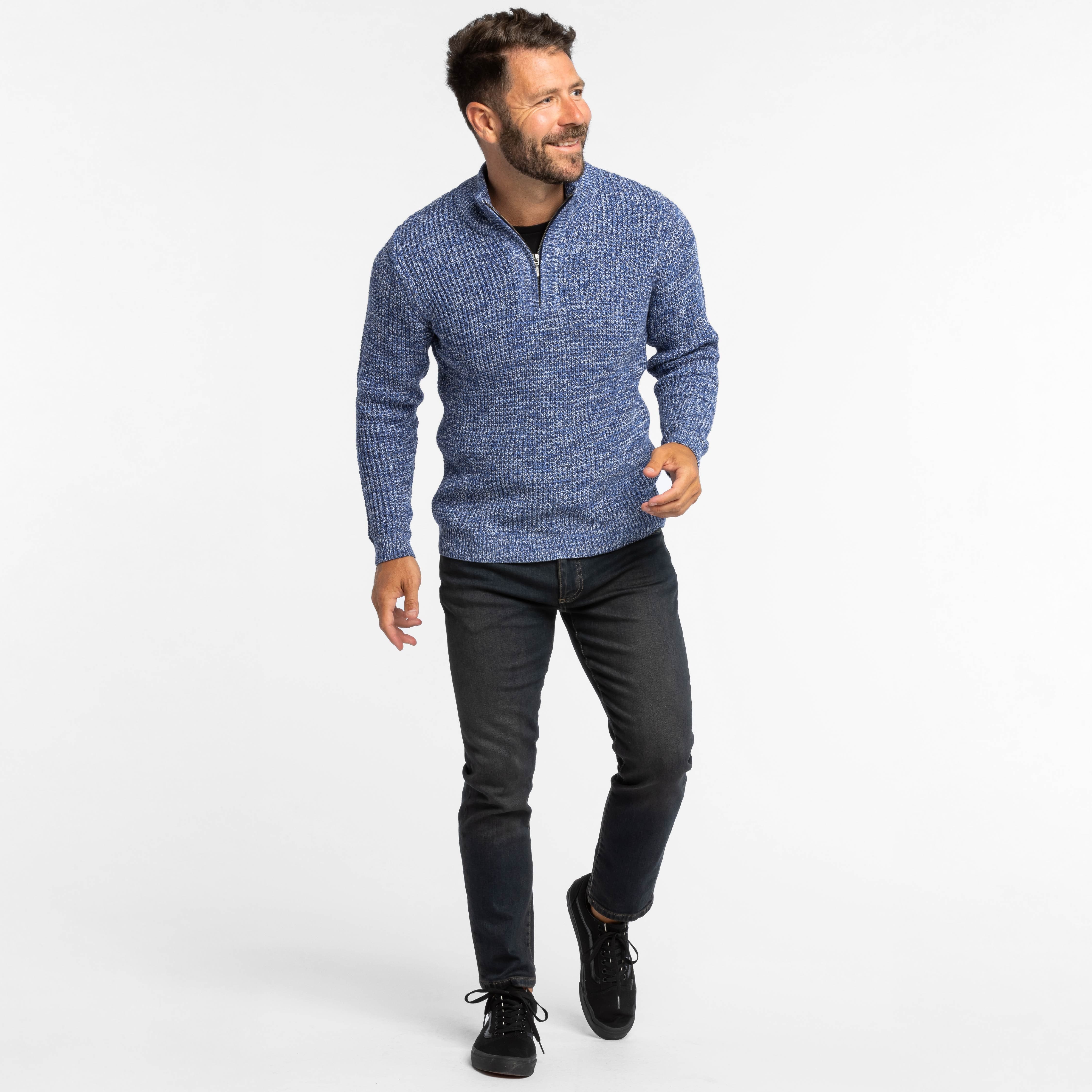 Heather Blue Waffle Knit Quarter-Zip Sweater - Image 2