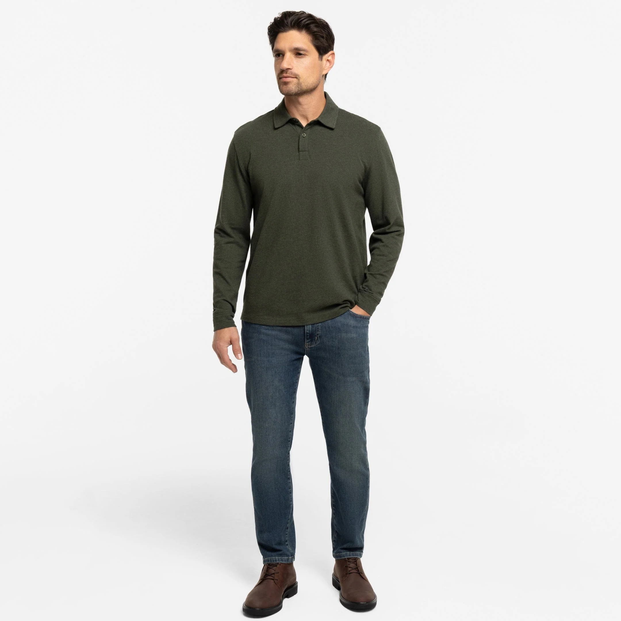 Heather Green Pique Long Sleeve Polo - Image 2