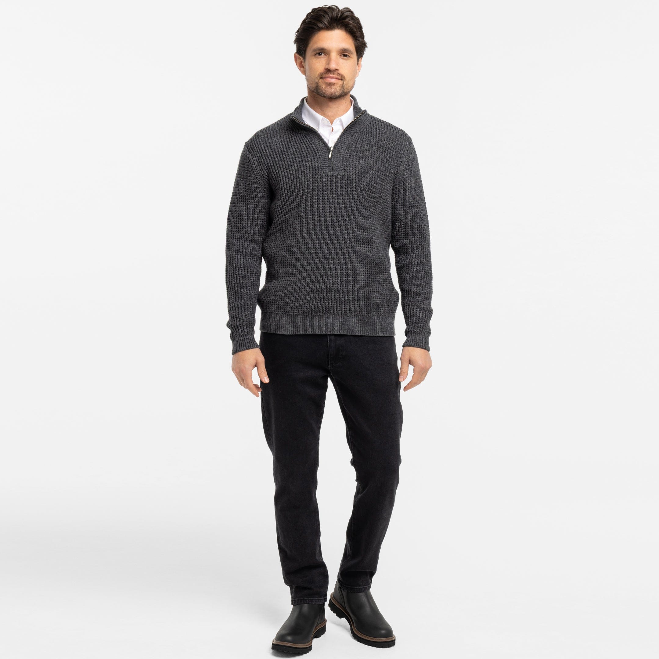 Heather Grey Waffle Knit Quarter-Zip Sweater - Image 2