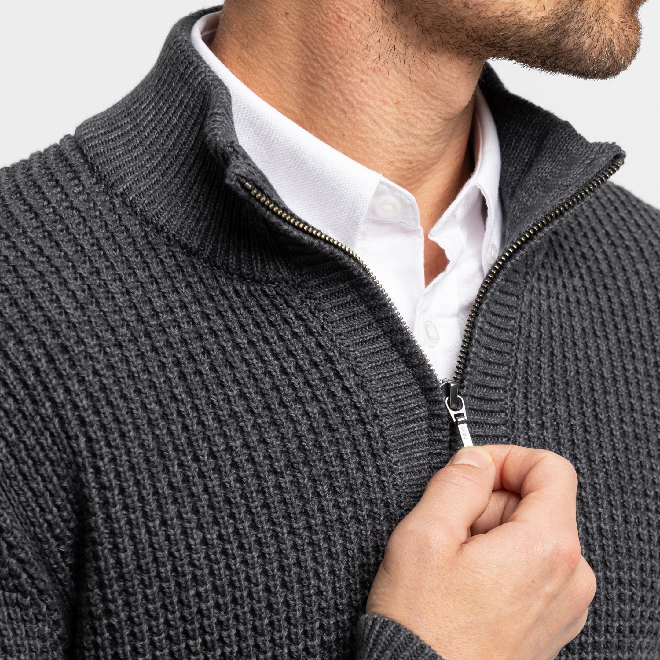 Heather Grey Waffle Knit Quarter-Zip Sweater - Image 4
