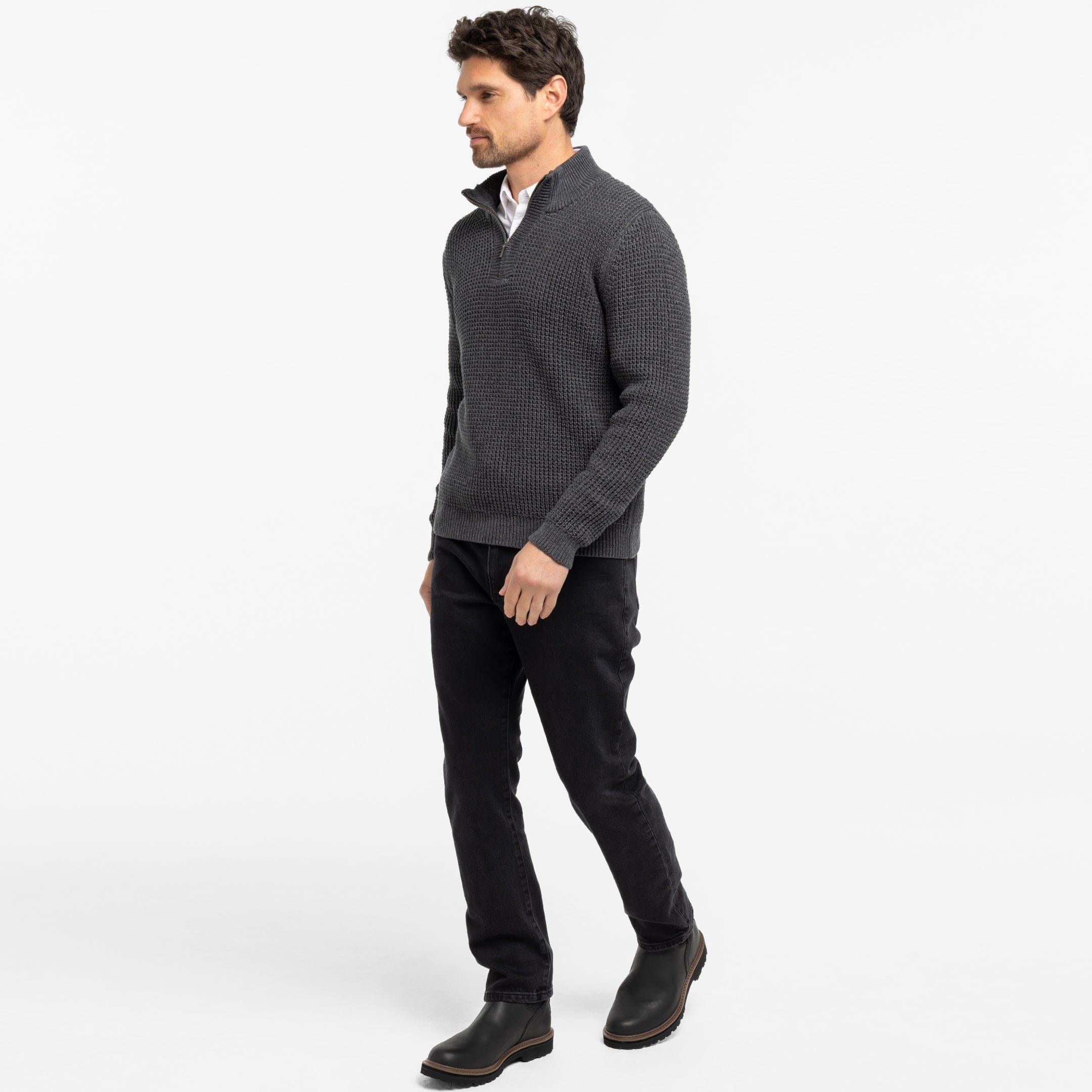 Heather Grey Waffle Knit Quarter-Zip Sweater - Image 6