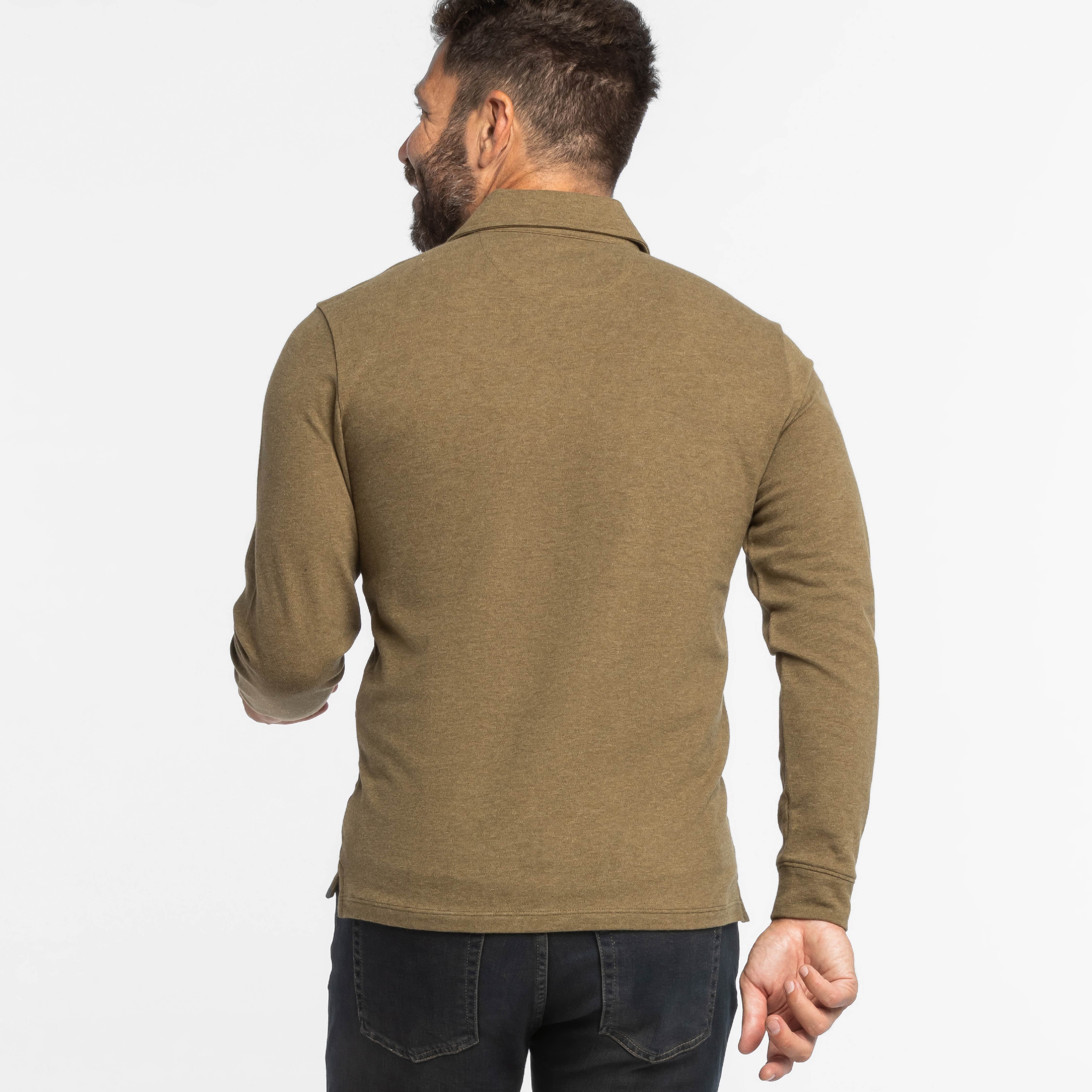 Heather Olive Pique Long Sleeve Polo - Image 3