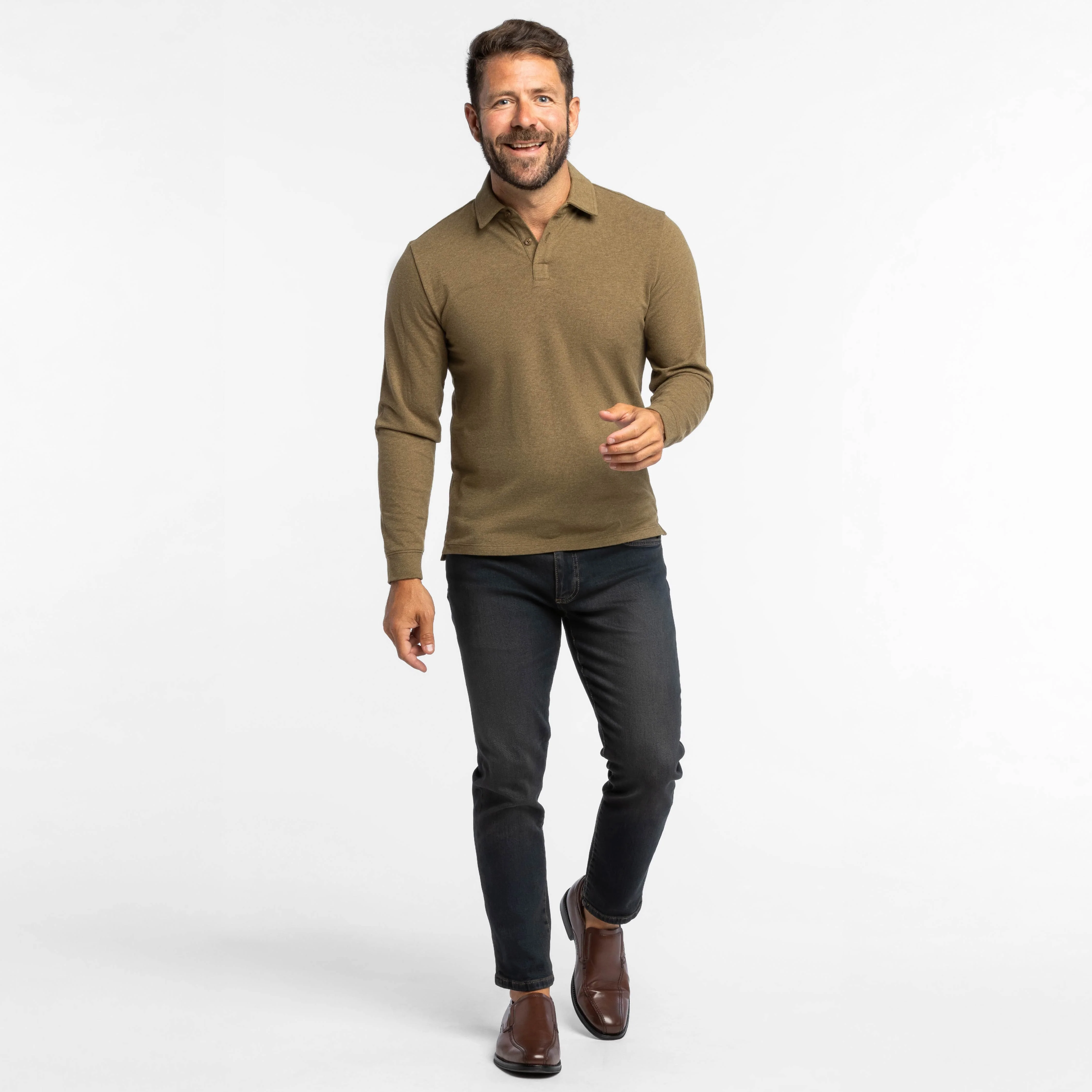 Heather Olive Pique Long Sleeve Polo - Image 6