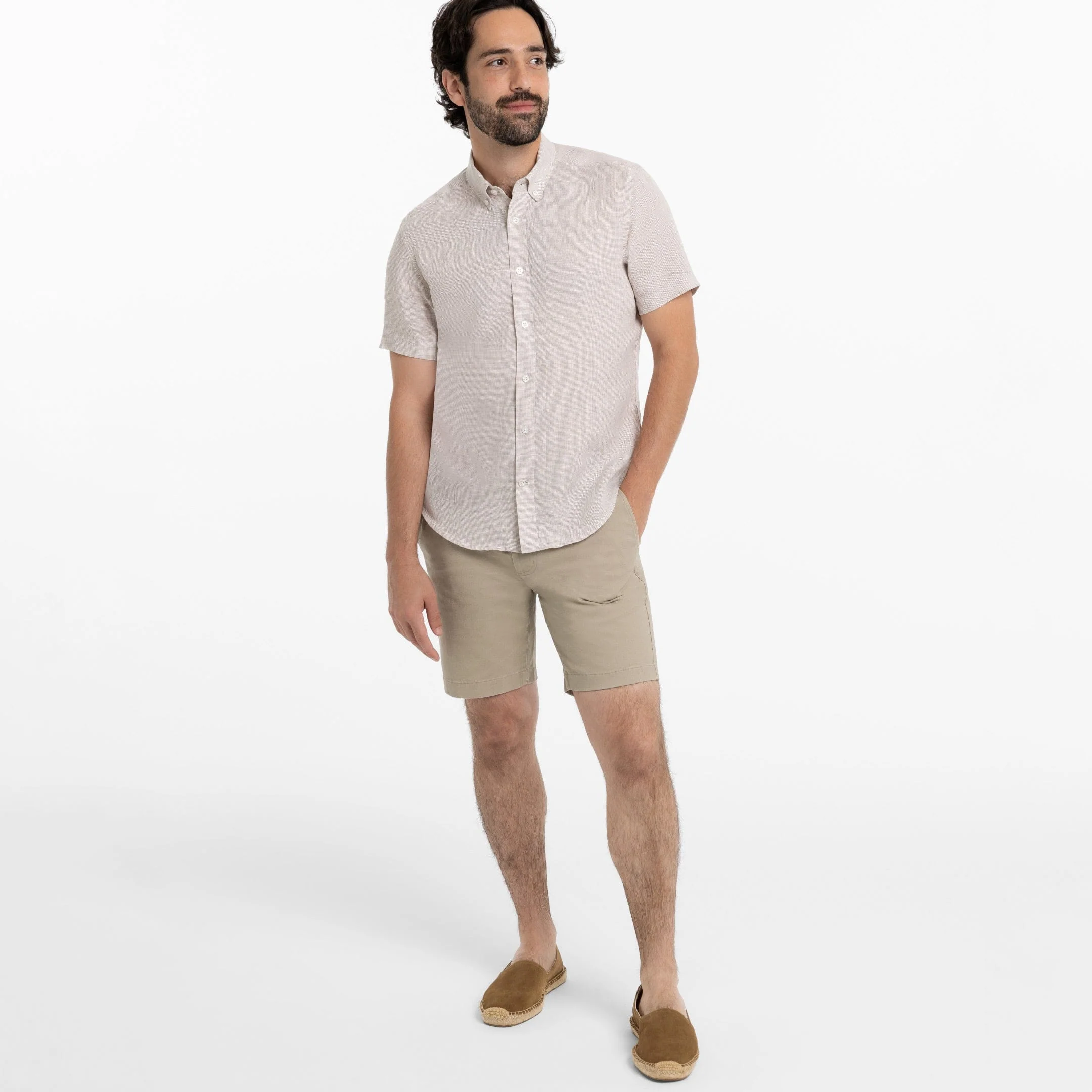 Khaki Plaid Linen Short Sleeve Shirt - Image 2