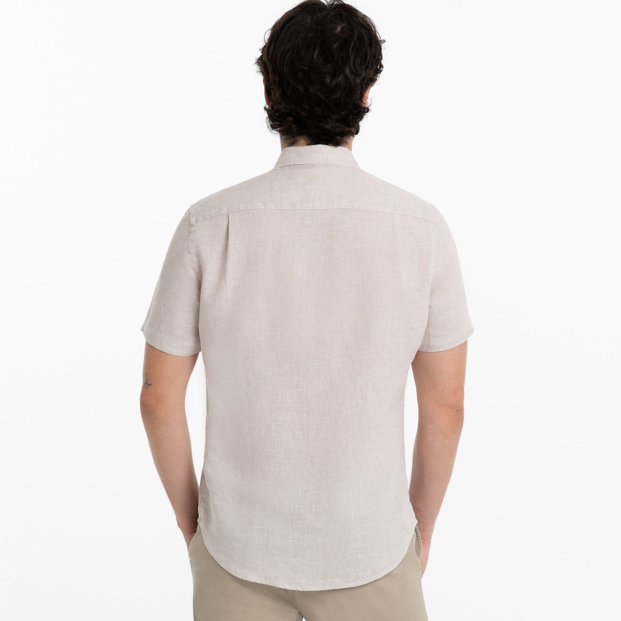 Khaki Plaid Linen Short Sleeve Shirt - Image 3