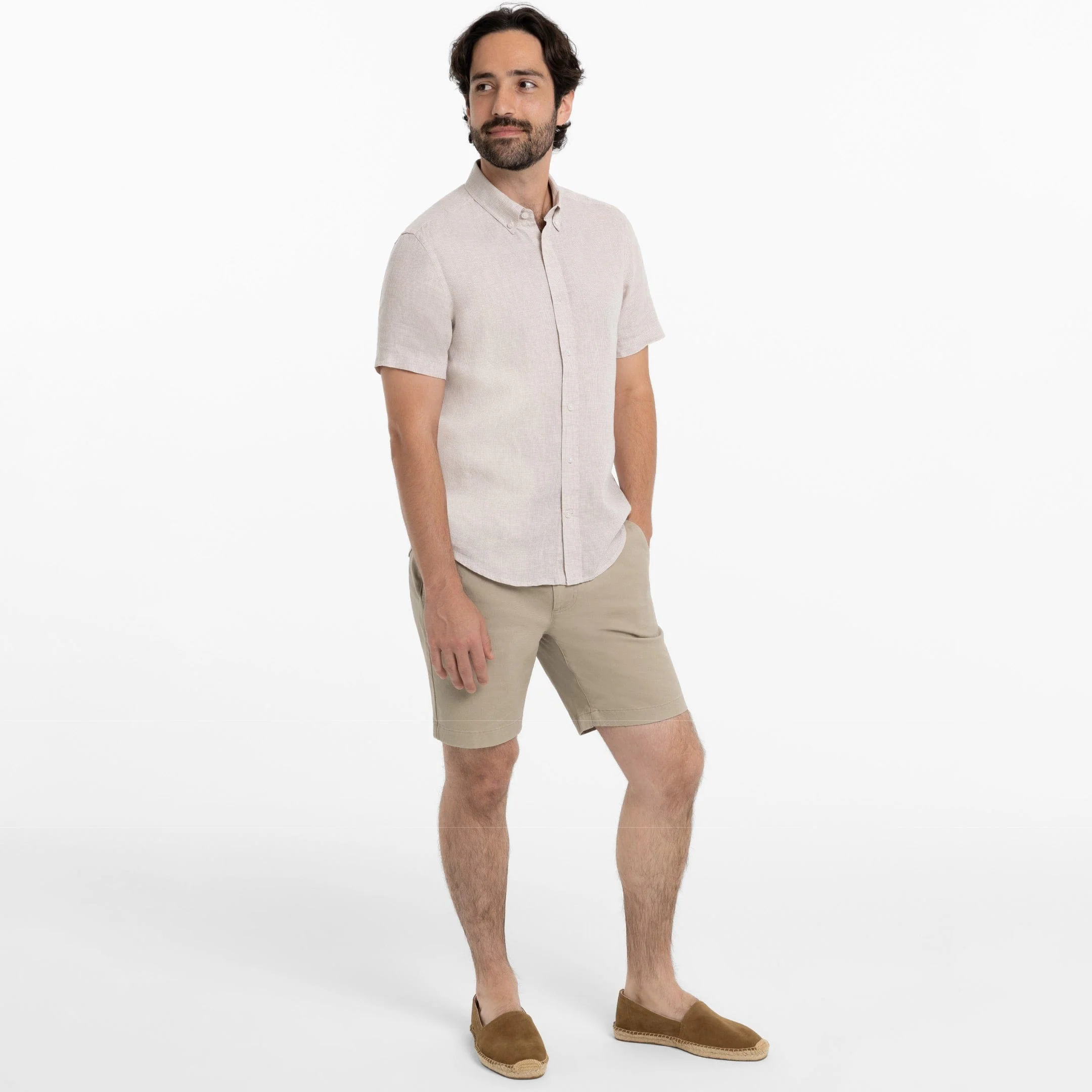 Khaki Plaid Linen Short Sleeve Shirt - Image 6
