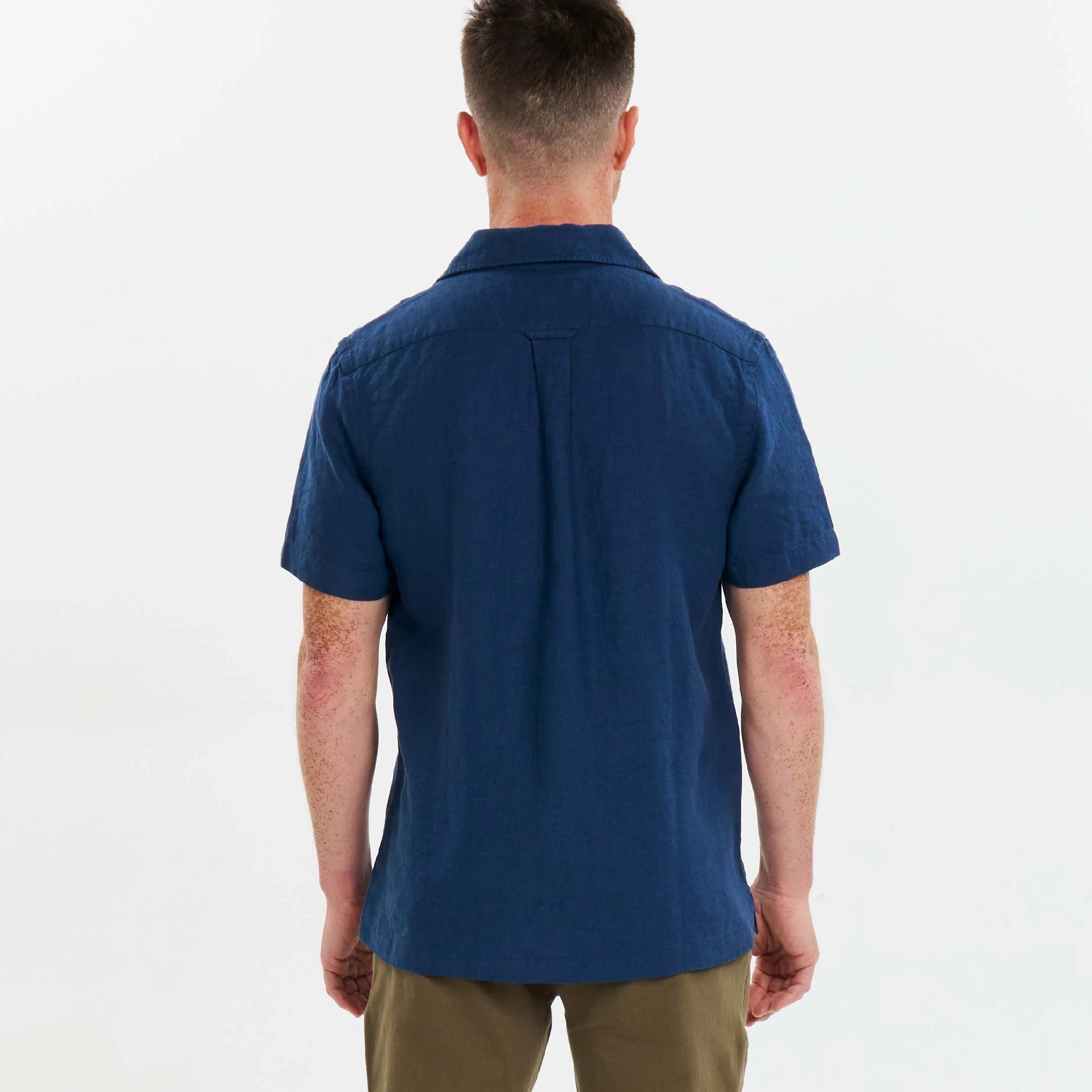 Navy Linen Camp Collar Short Sleeve Shirt - Image 3