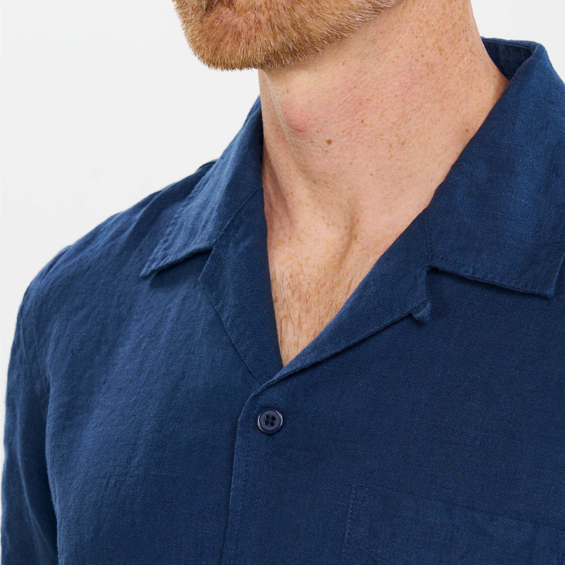 Navy Linen Camp Collar Short Sleeve Shirt - Image 4