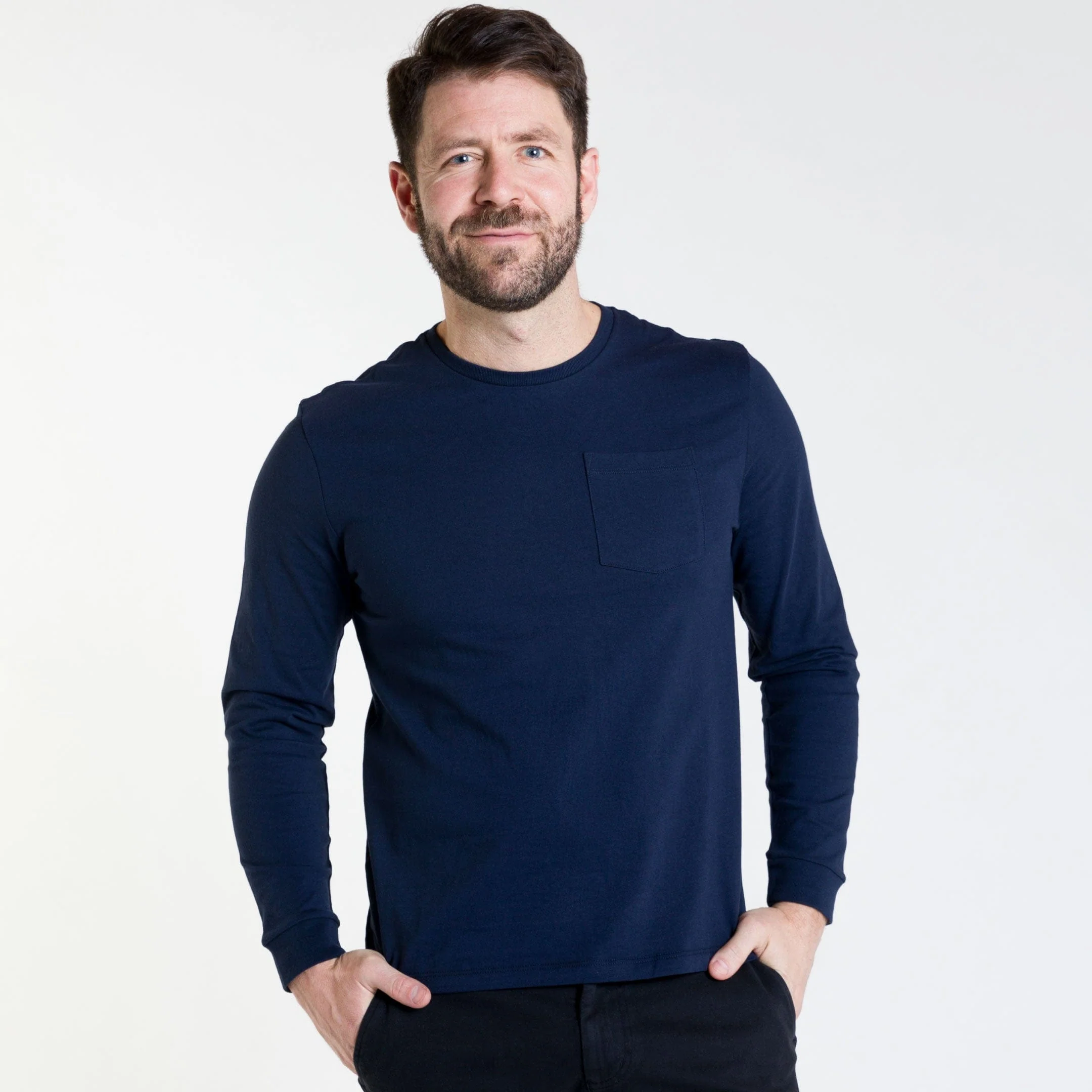 Navy Long Sleeve Pima Cotton Crew Neck Tee - Image 5