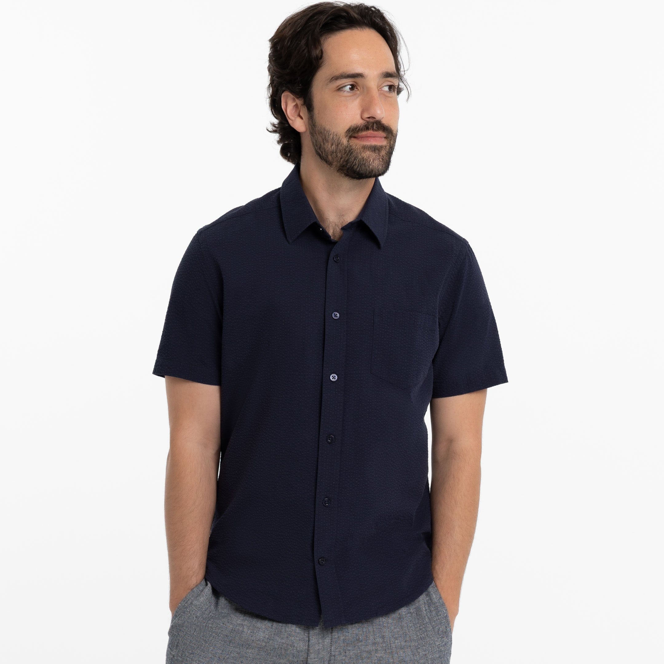 Navy Seersucker Short Sleeve Shirt