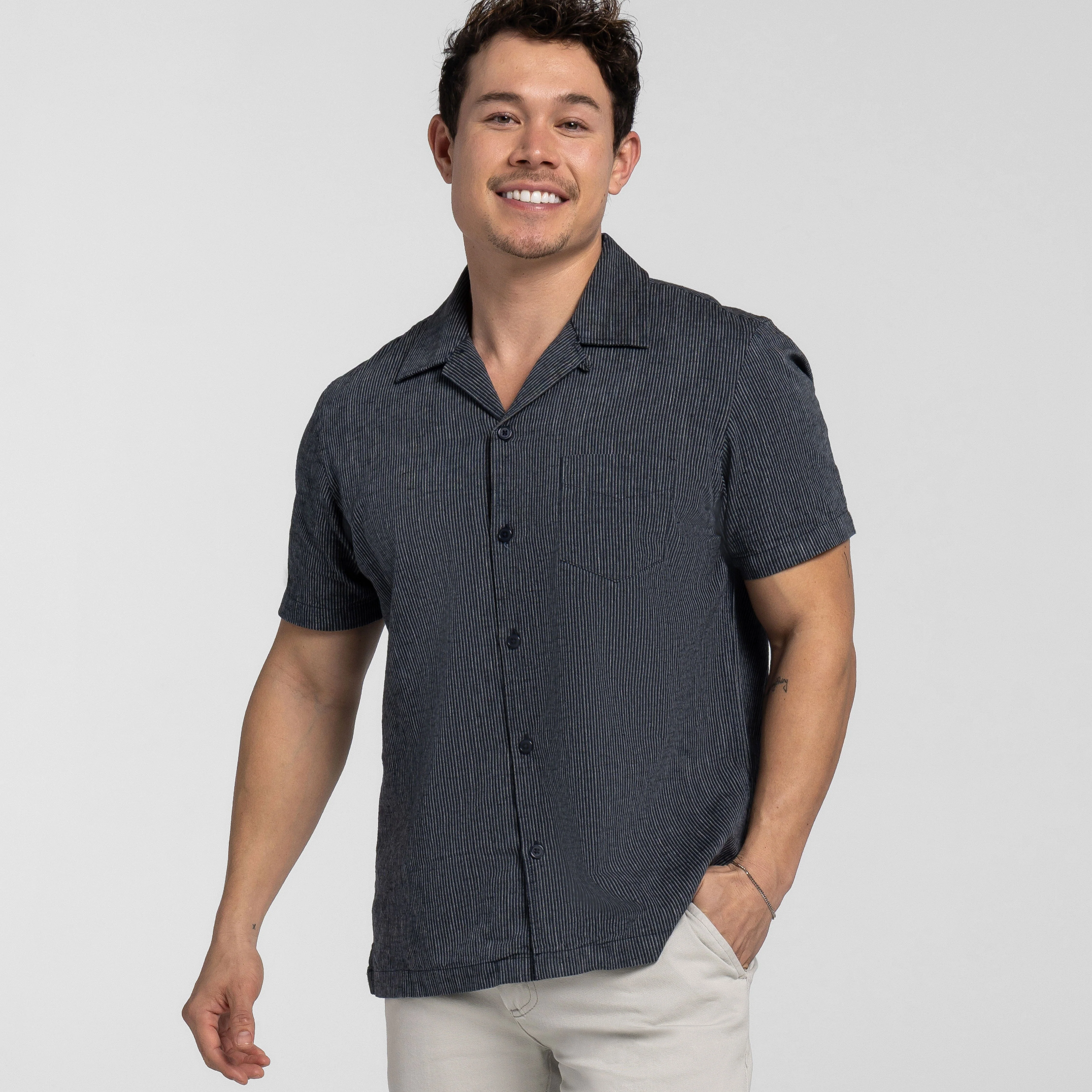 Navy Stripes Linen Camp Collar Short Sleeve Shirt