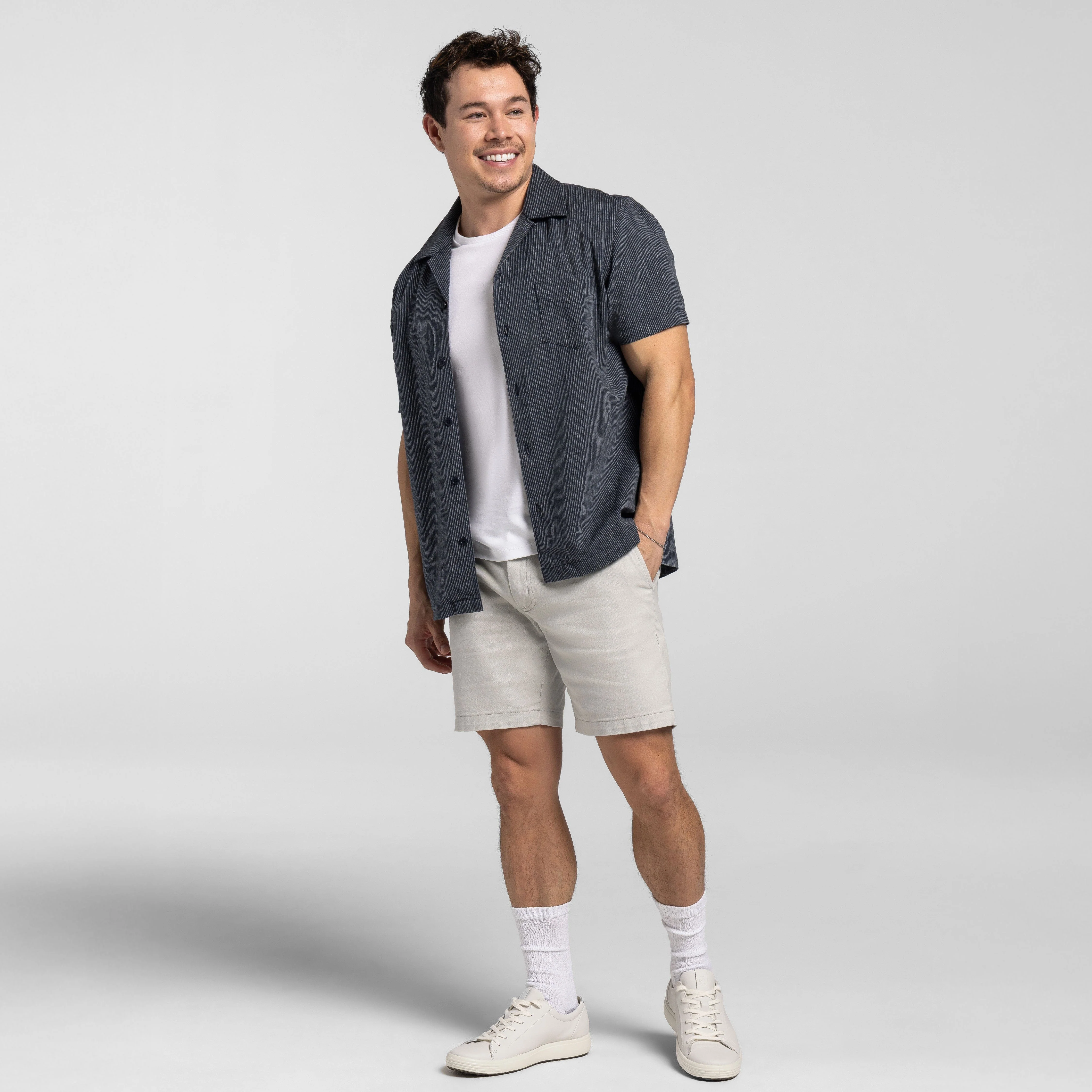 Navy Stripes Linen Camp Collar Short Sleeve Shirt - Image 2