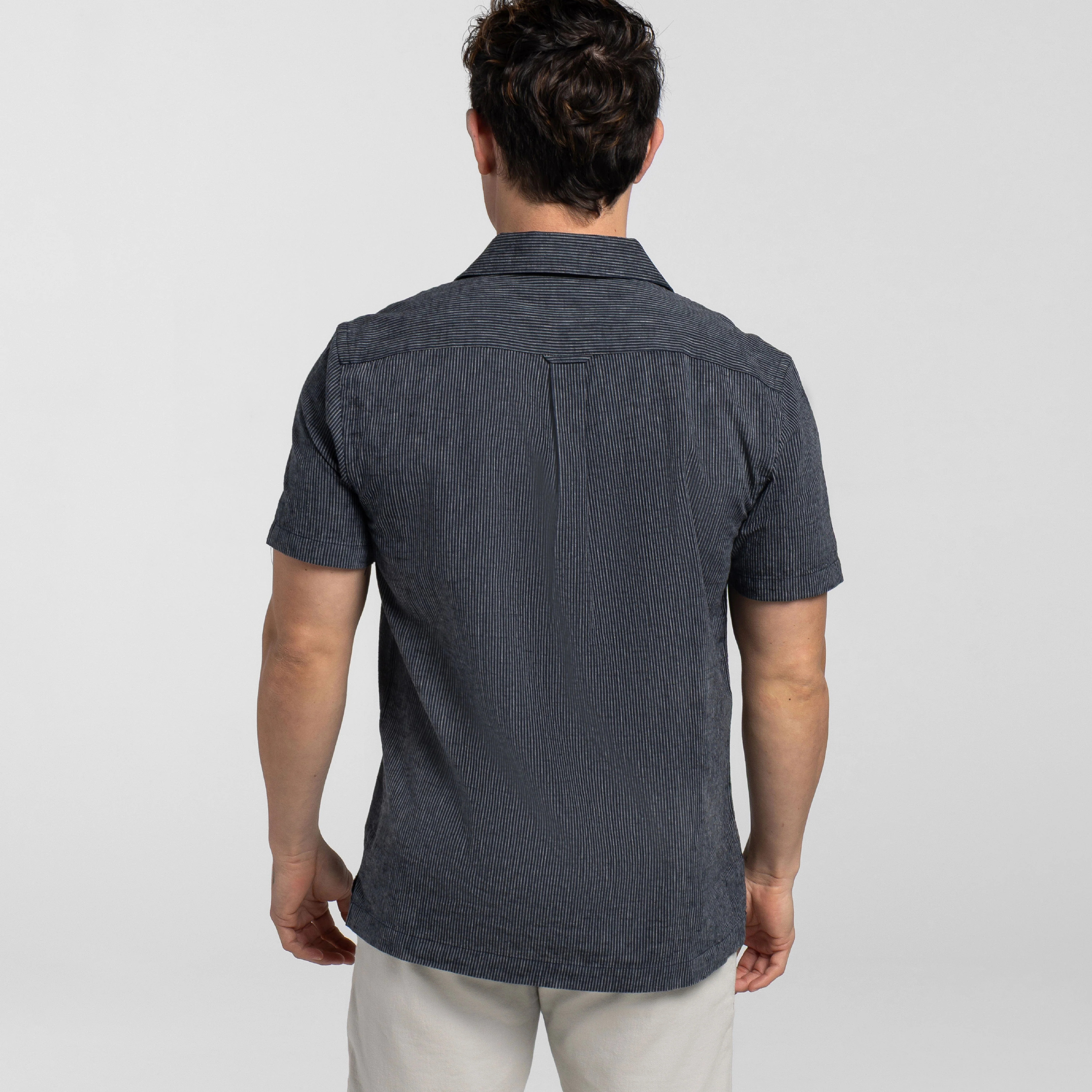 Navy Stripes Linen Camp Collar Short Sleeve Shirt - Image 3