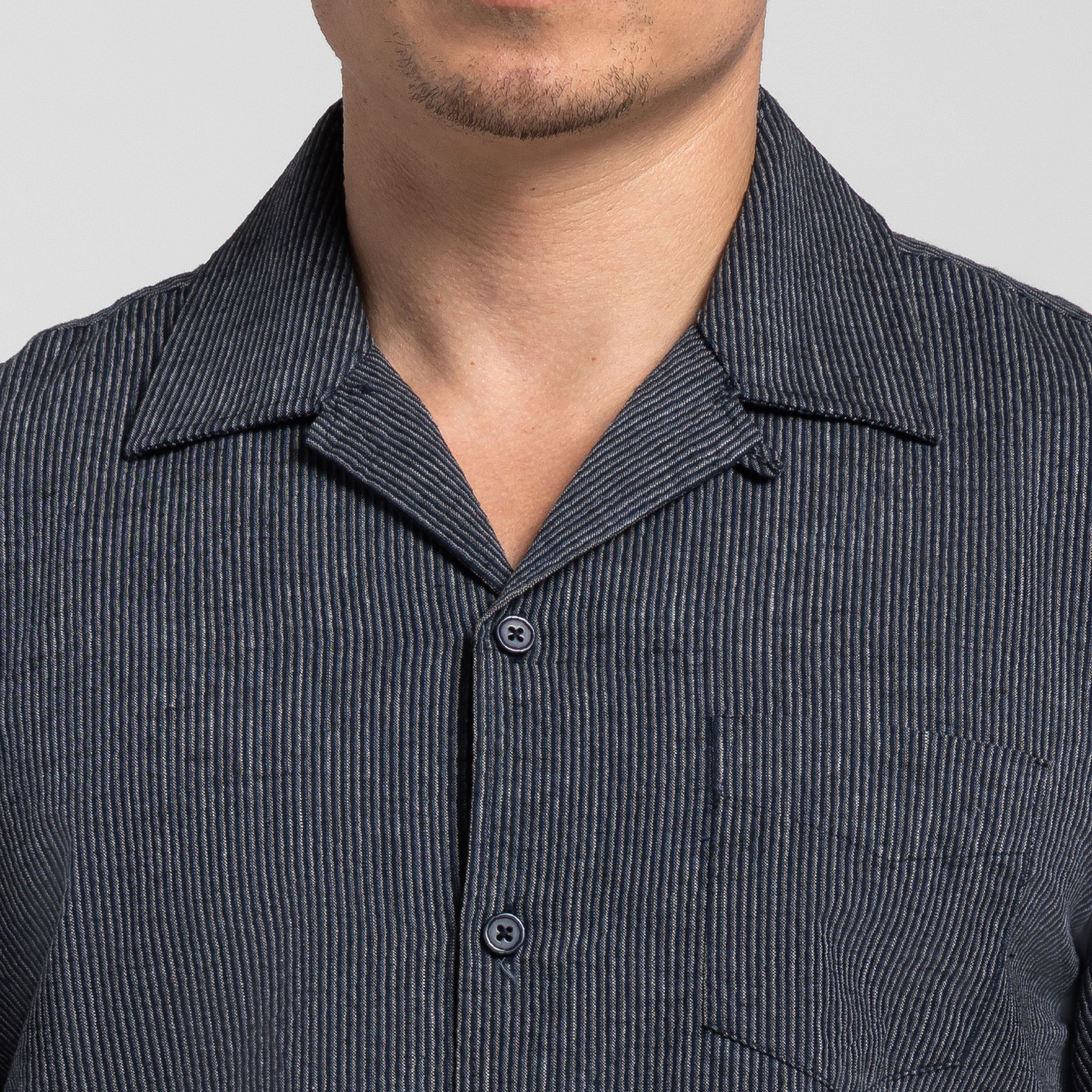 Navy Stripes Linen Camp Collar Short Sleeve Shirt - Image 5
