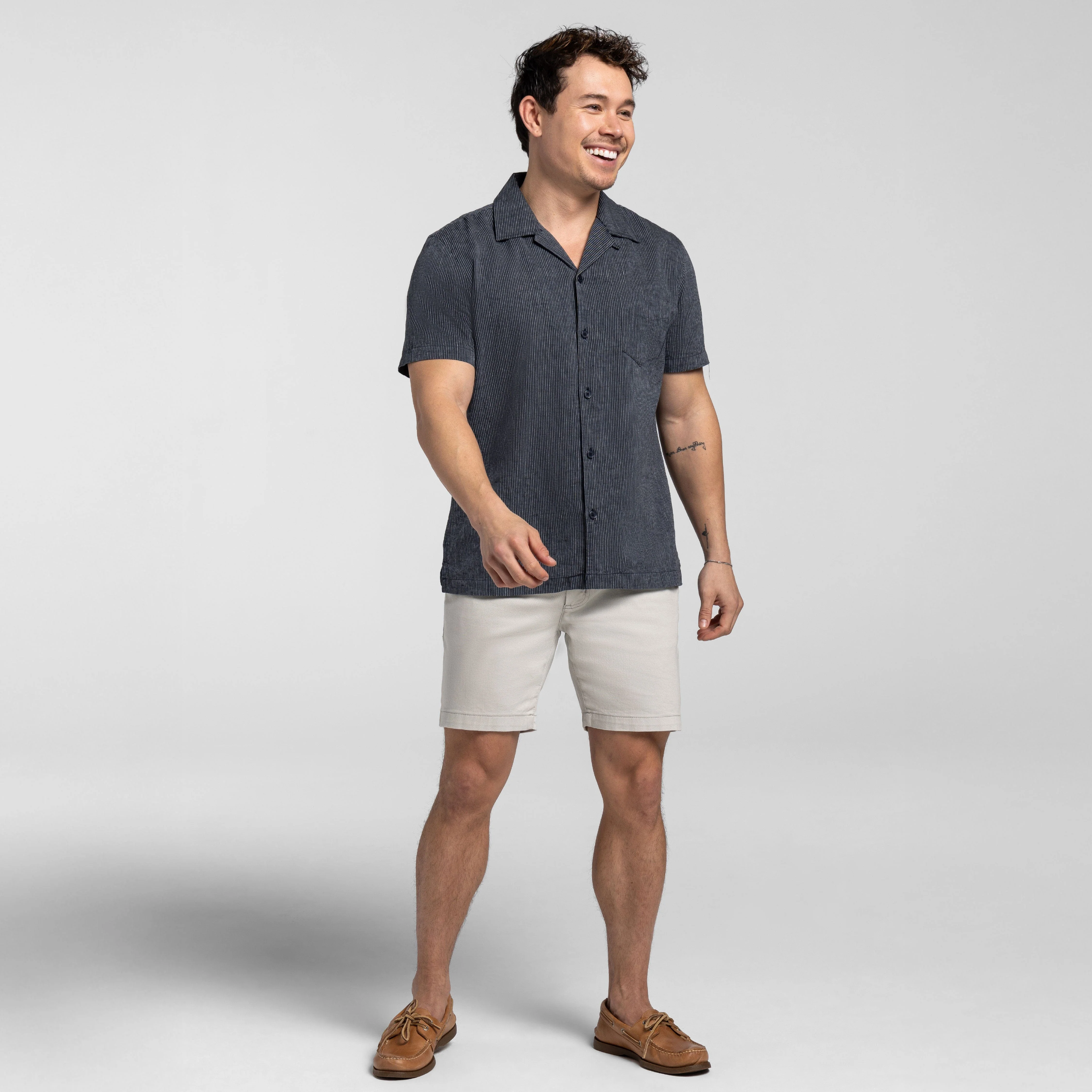 Navy Stripes Linen Camp Collar Short Sleeve Shirt - Image 6