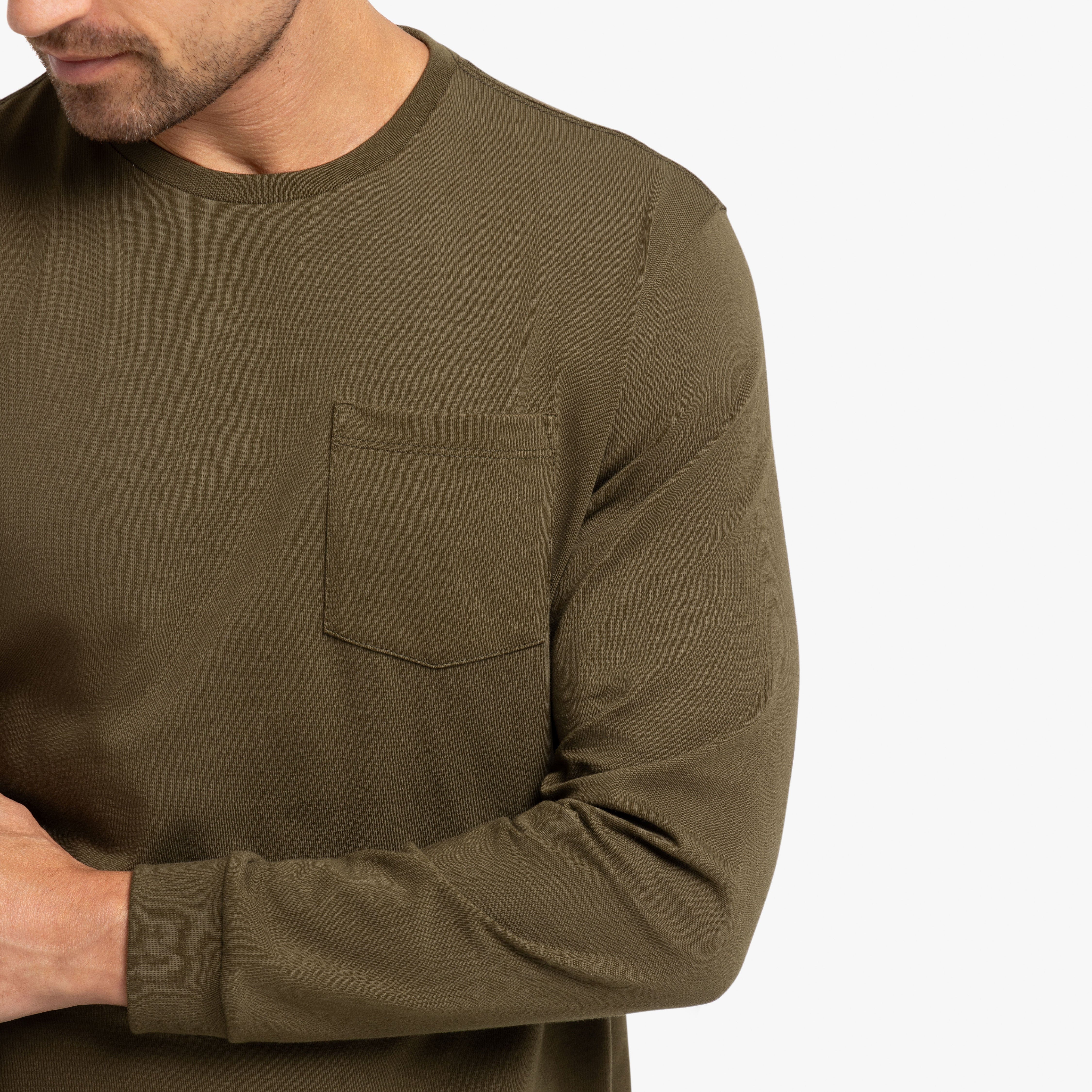 Olive Long Sleeve Pima Cotton Crew Neck Tee - Image 4