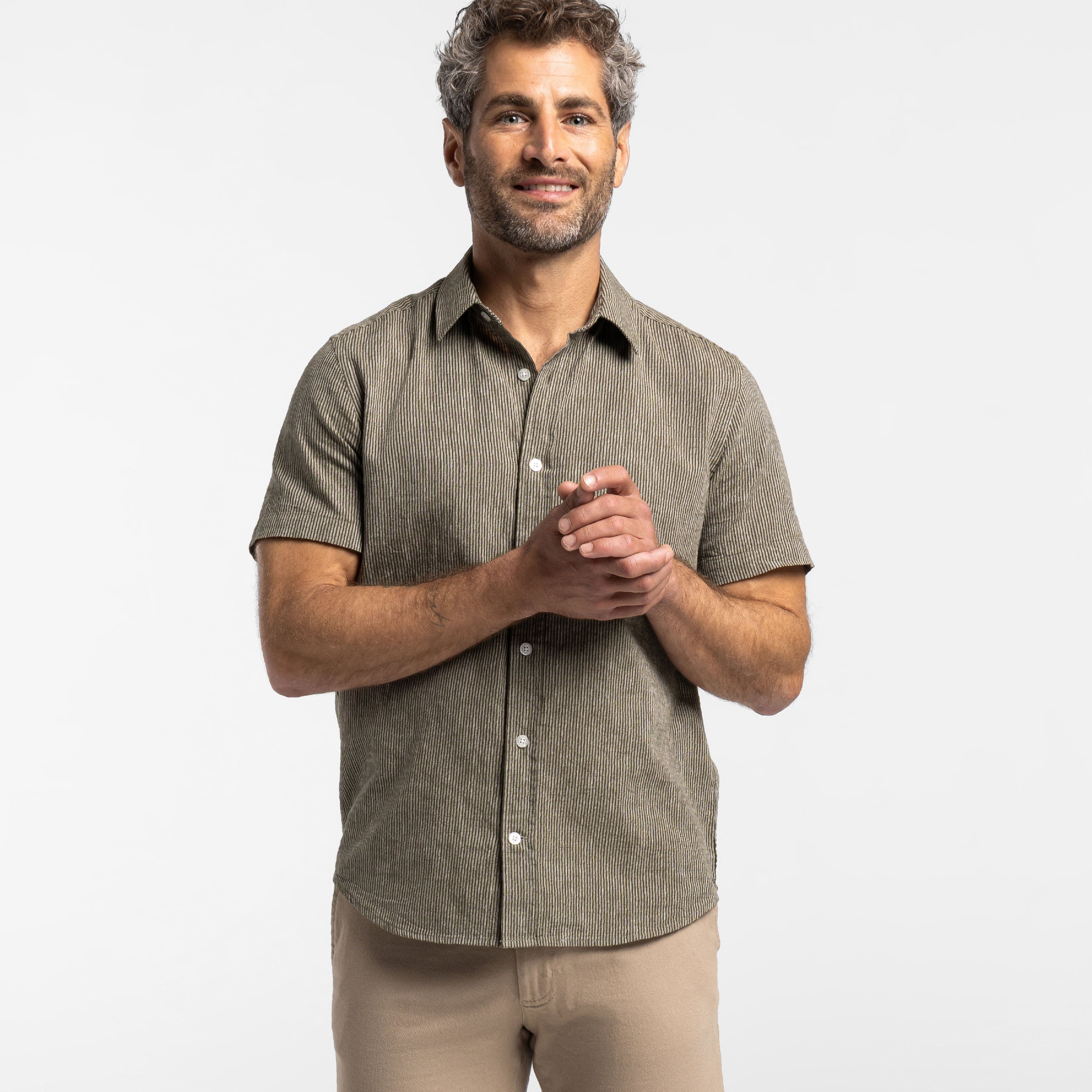 Olive Stripes Linen Short Sleeve Shirt