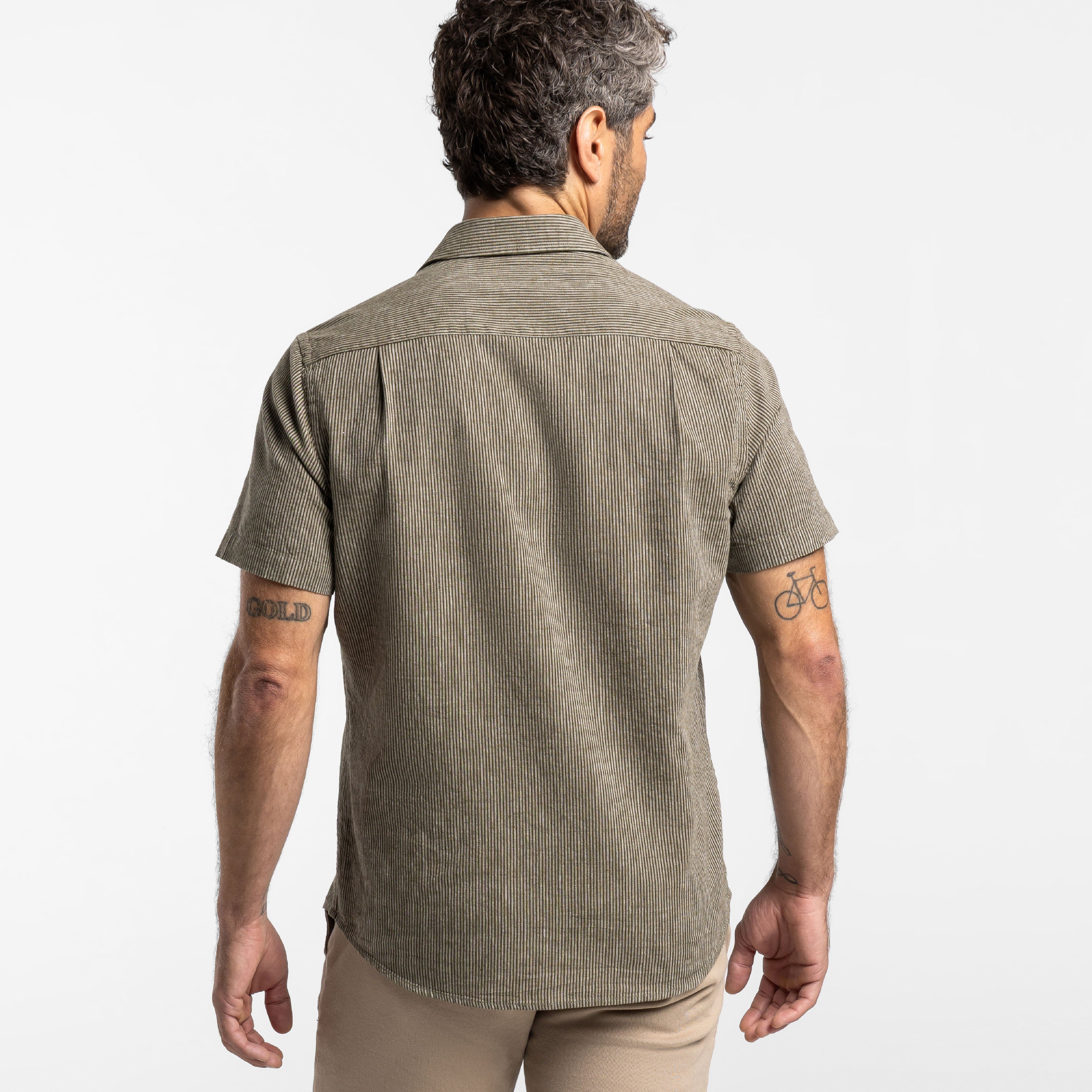 Olive Stripes Linen Short Sleeve Shirt - Image 3