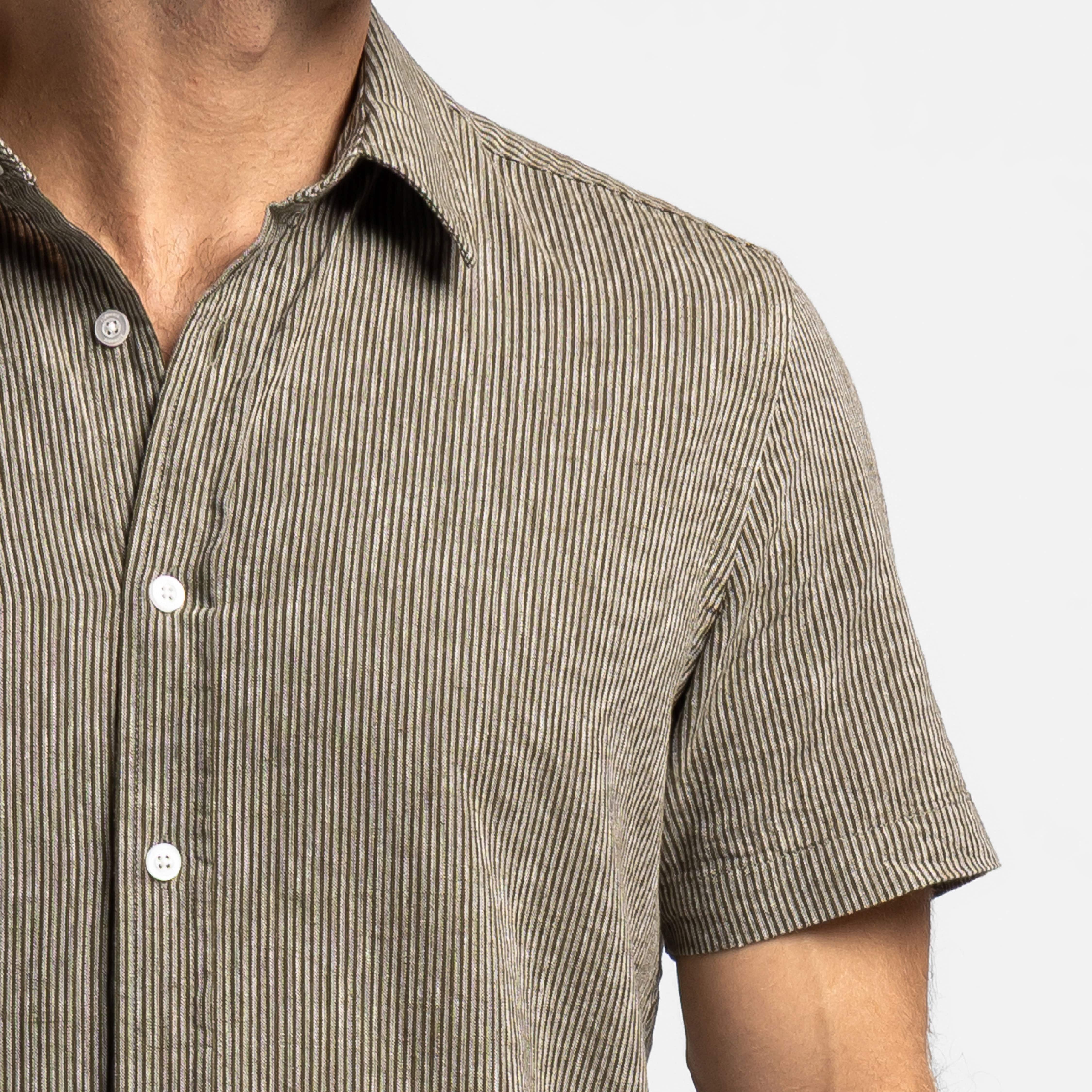 Olive Stripes Linen Short Sleeve Shirt - Image 5