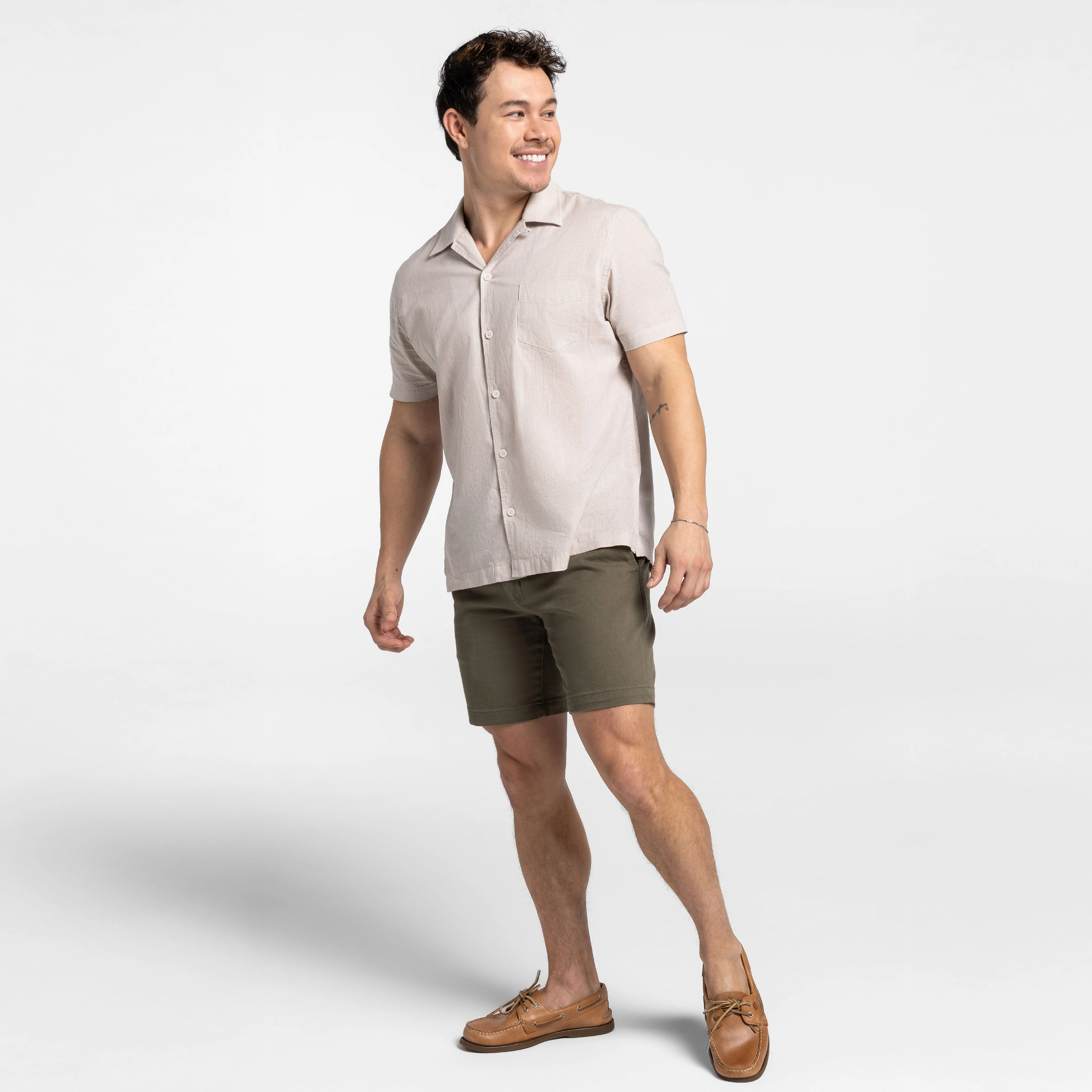 Tan Linen Camp Collar Short Sleeve Shirt - Image 2