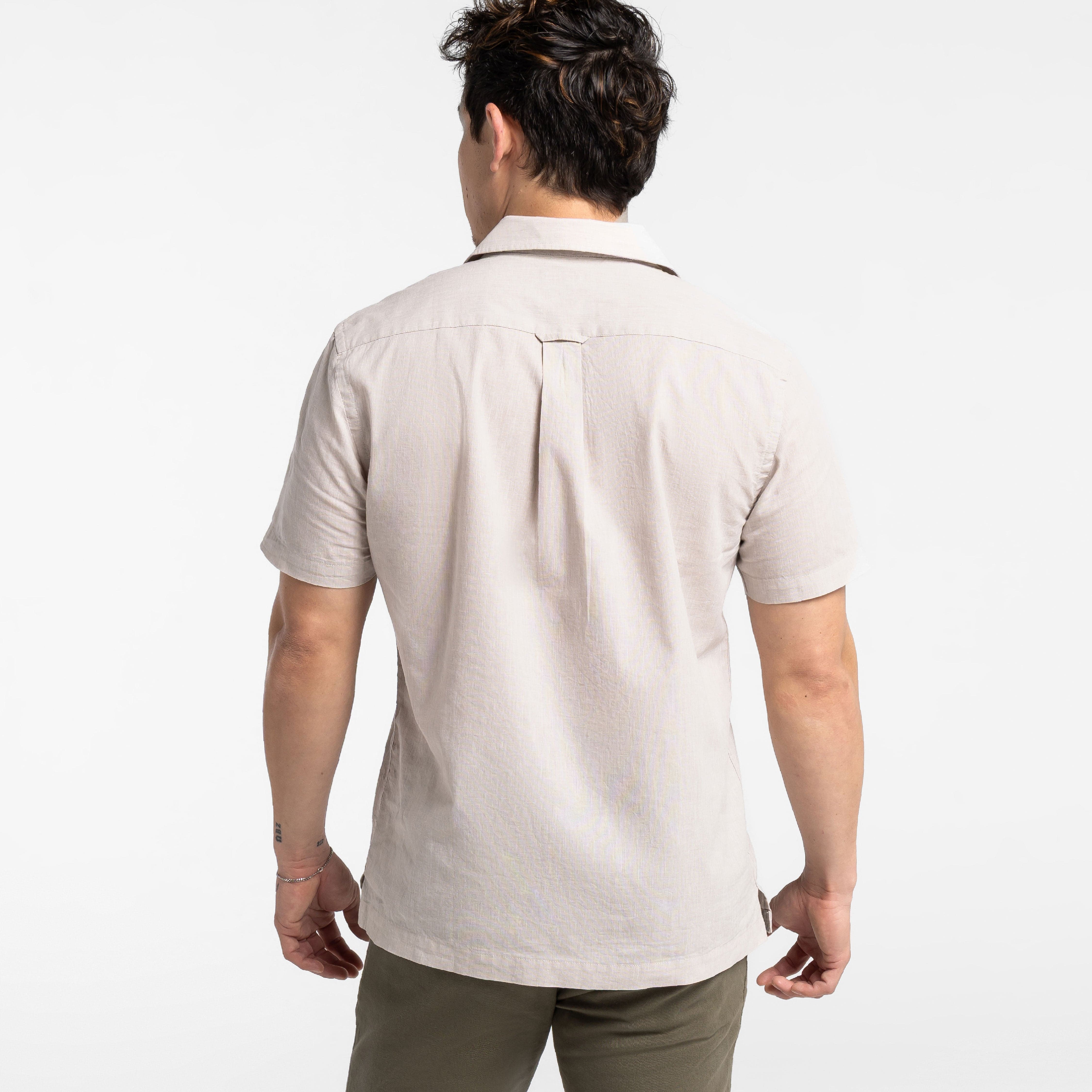 Tan Linen Camp Collar Short Sleeve Shirt - Image 3