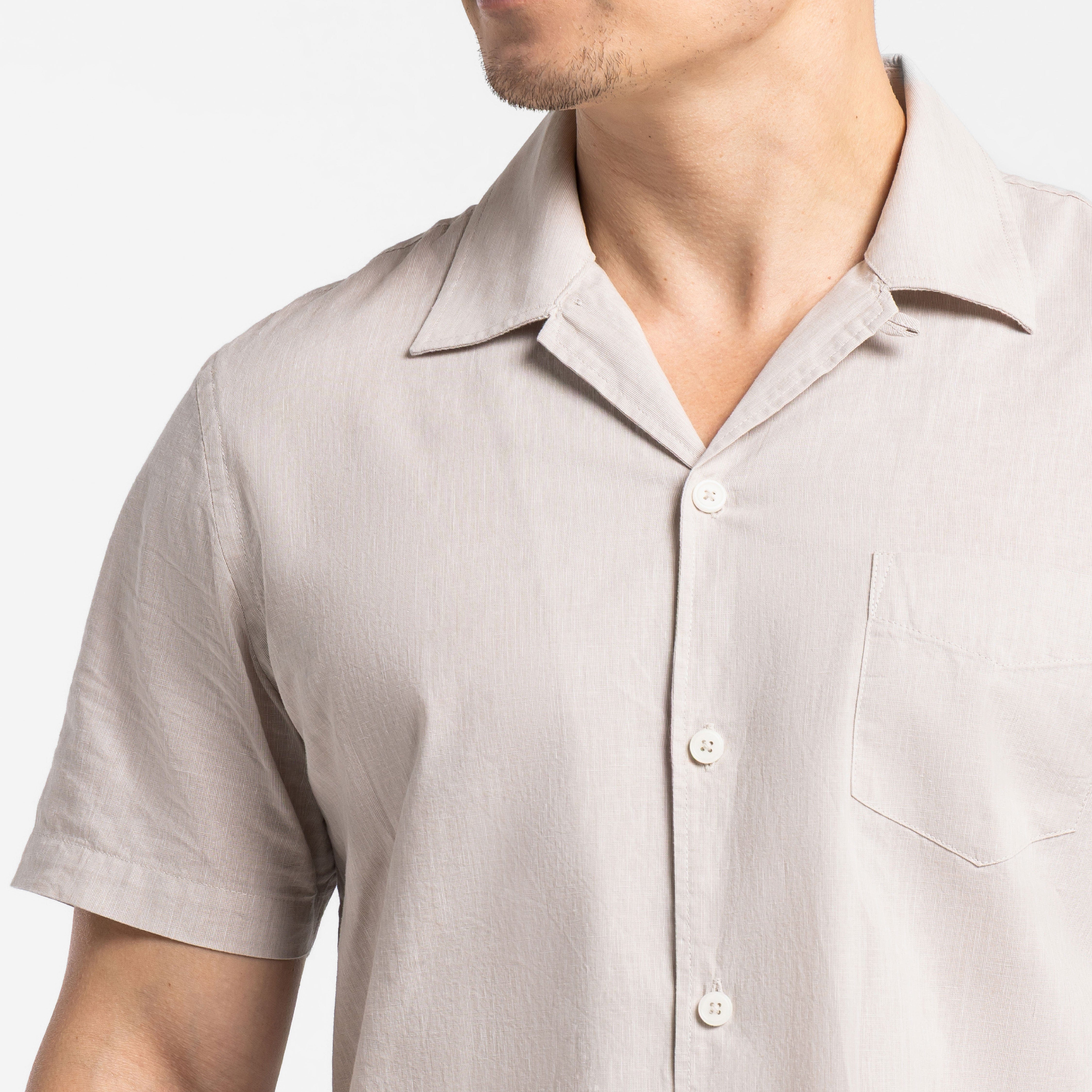 Tan Linen Camp Collar Short Sleeve Shirt - Image 4