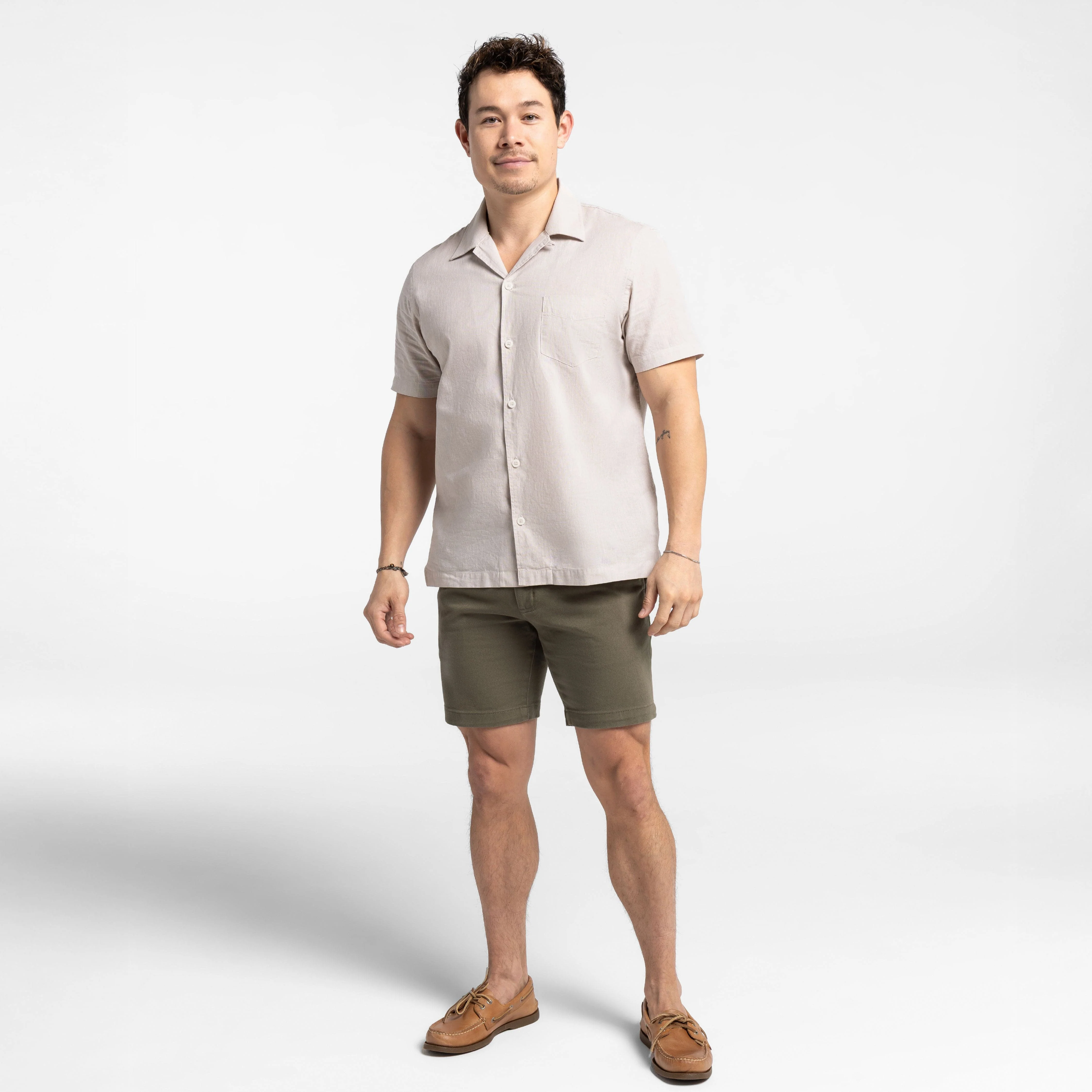 Tan Linen Camp Collar Short Sleeve Shirt - Image 6