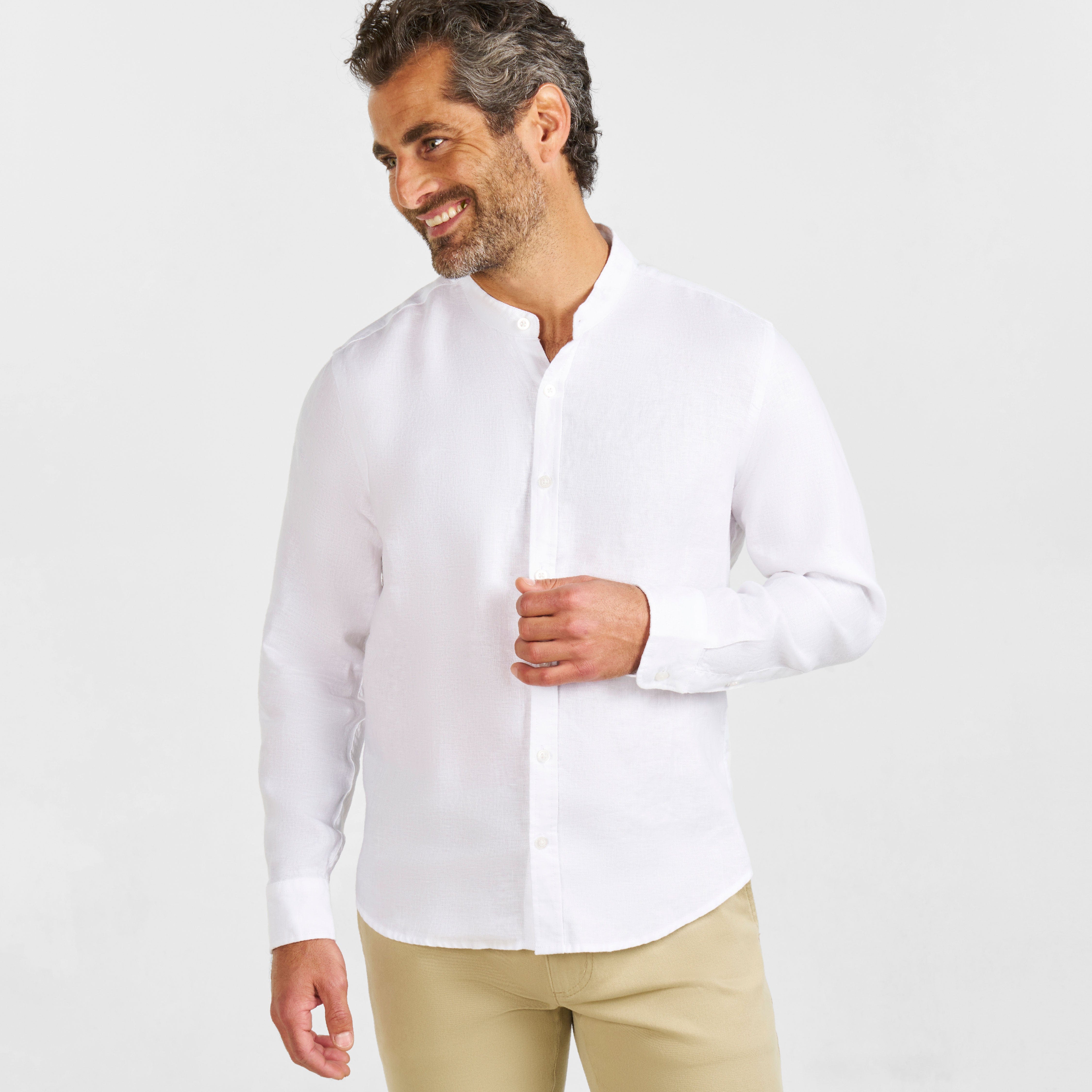 White Linen Band Collar Shirt