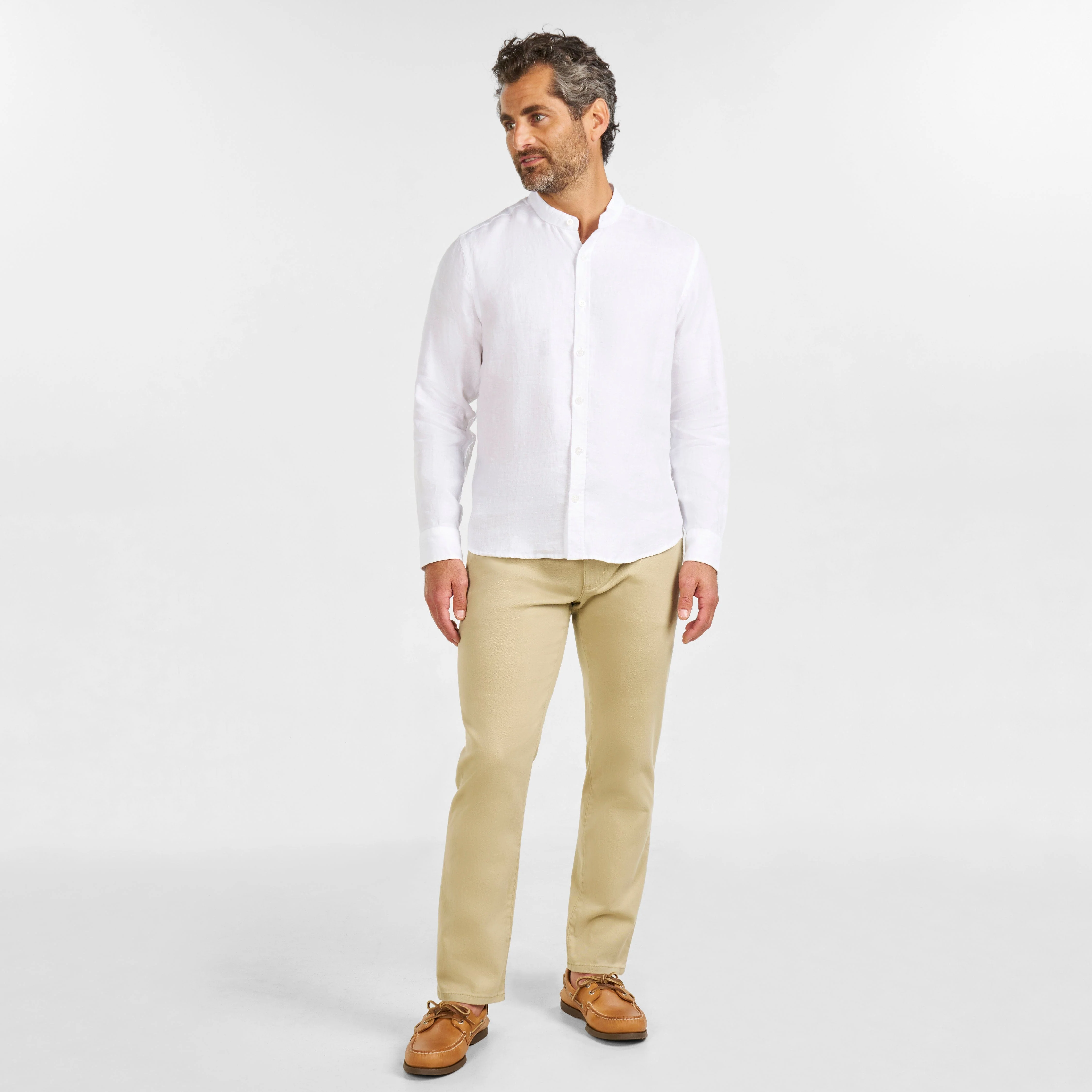 White Linen Band Collar Shirt - Image 2