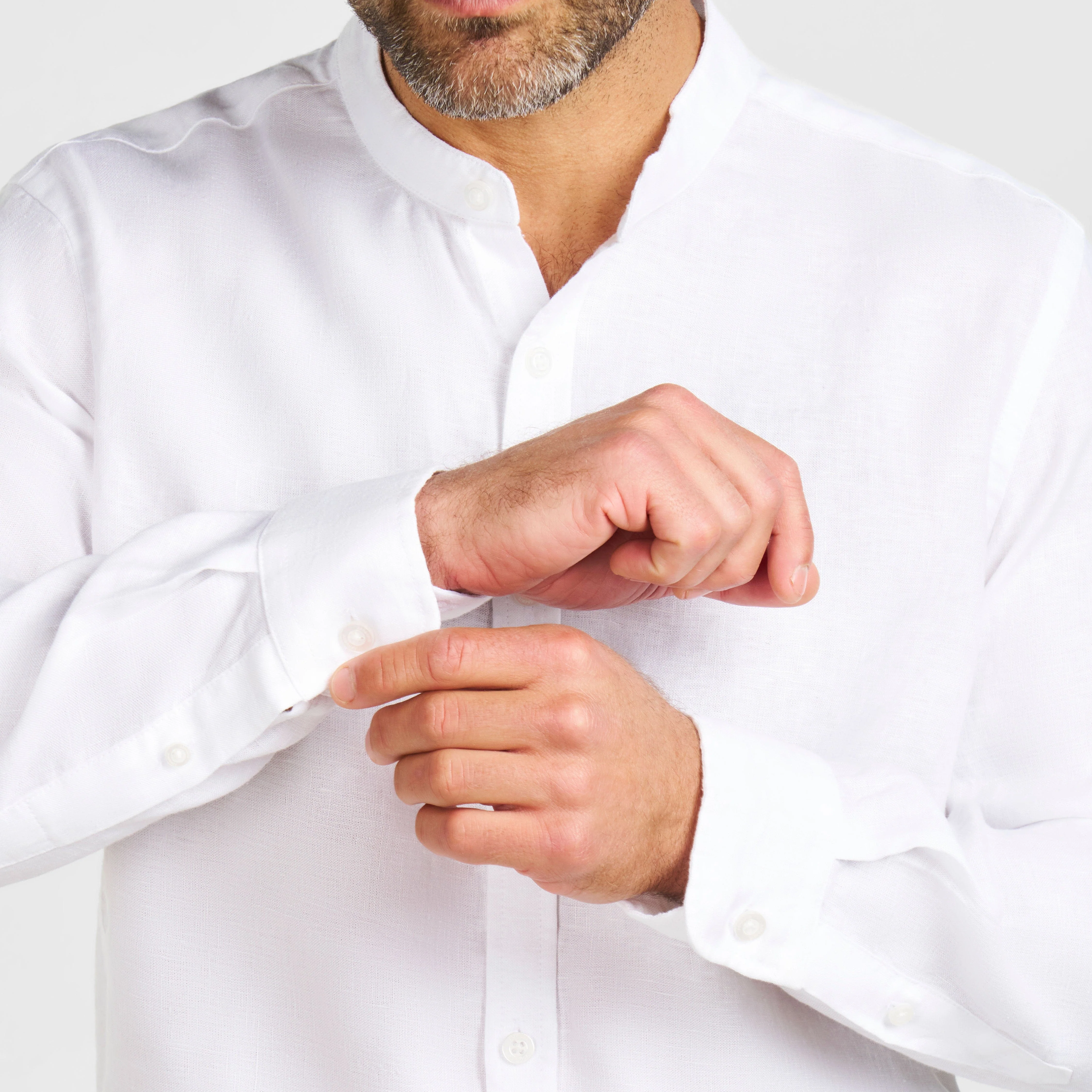 White Linen Band Collar Shirt - Image 4