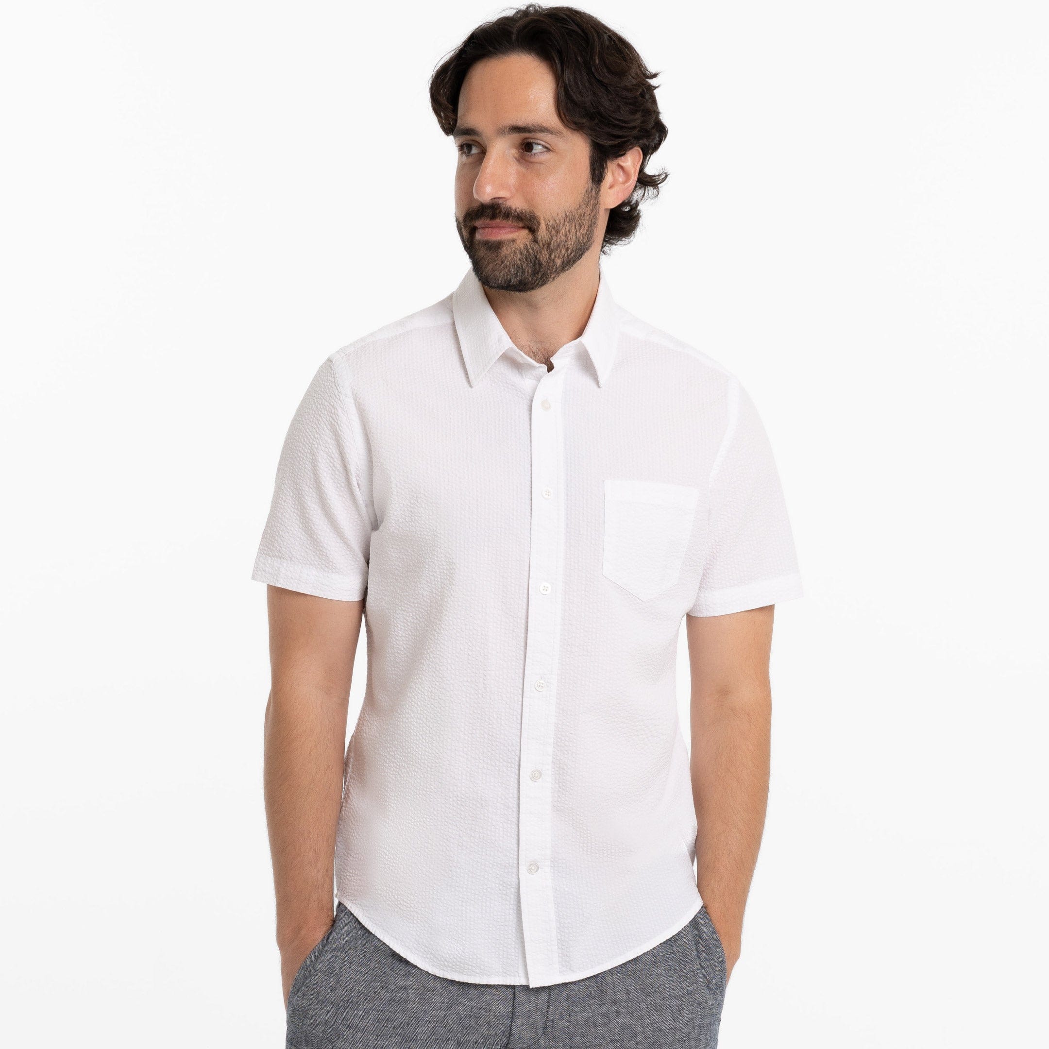 White Seersucker Short Sleeve Shirt