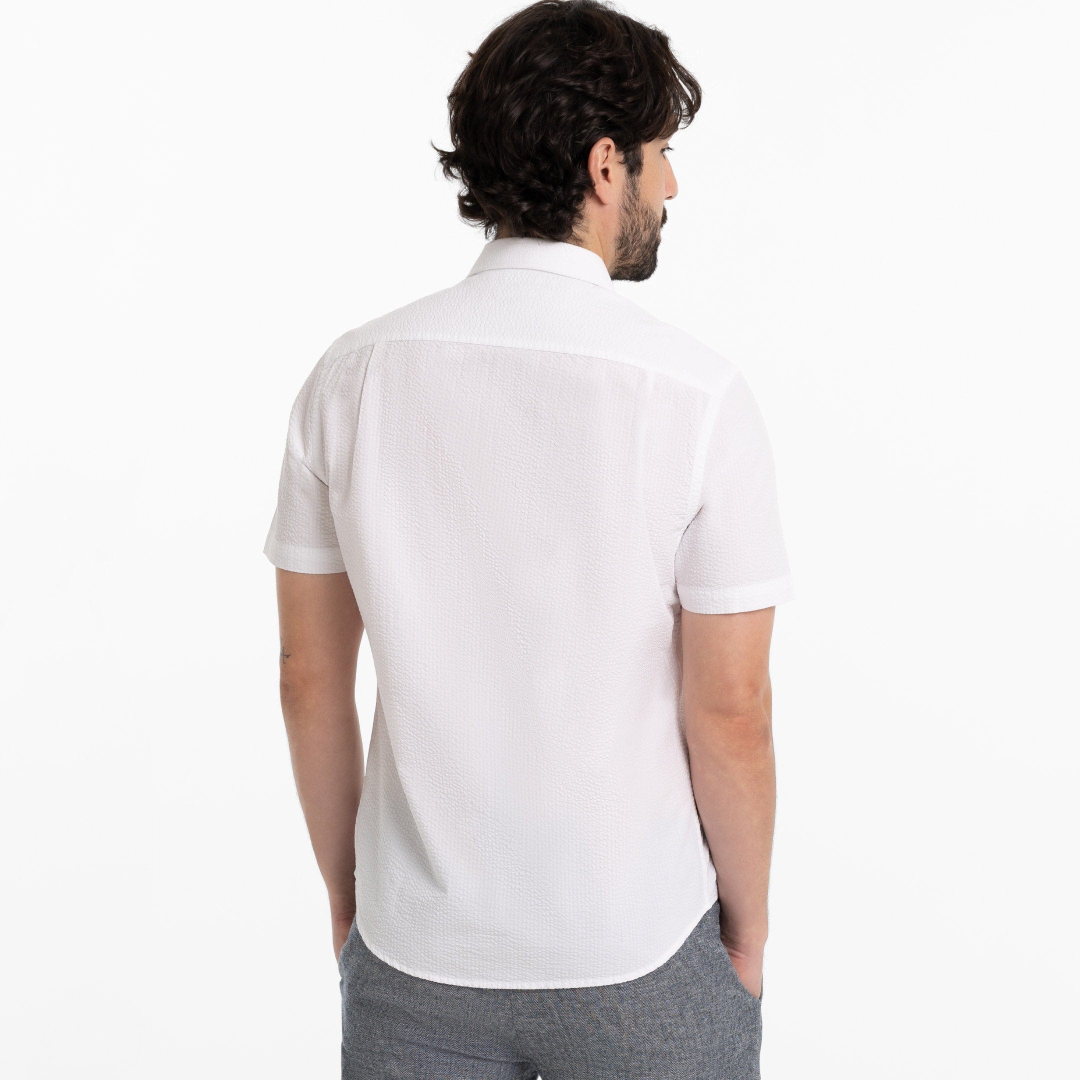 White Seersucker Short Sleeve Shirt - Image 3